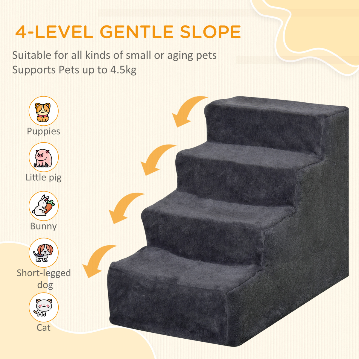 PawHut Four-Step Portable Dog Stairs with Washable Plush Cover