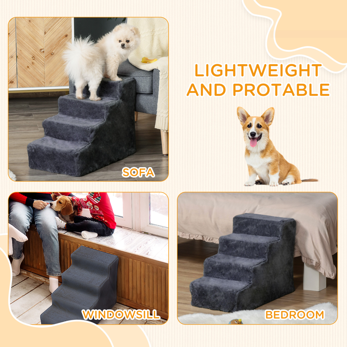 PawHut Four-Step Portable Dog Stairs with Washable Plush Cover
