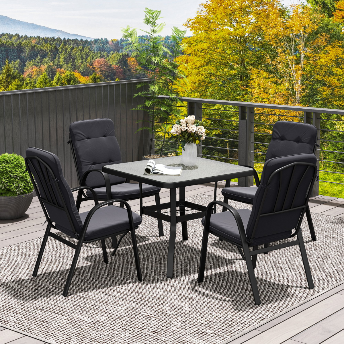 Outsunny Garden Dining Set, Glass Table w/ Umbrella Hole