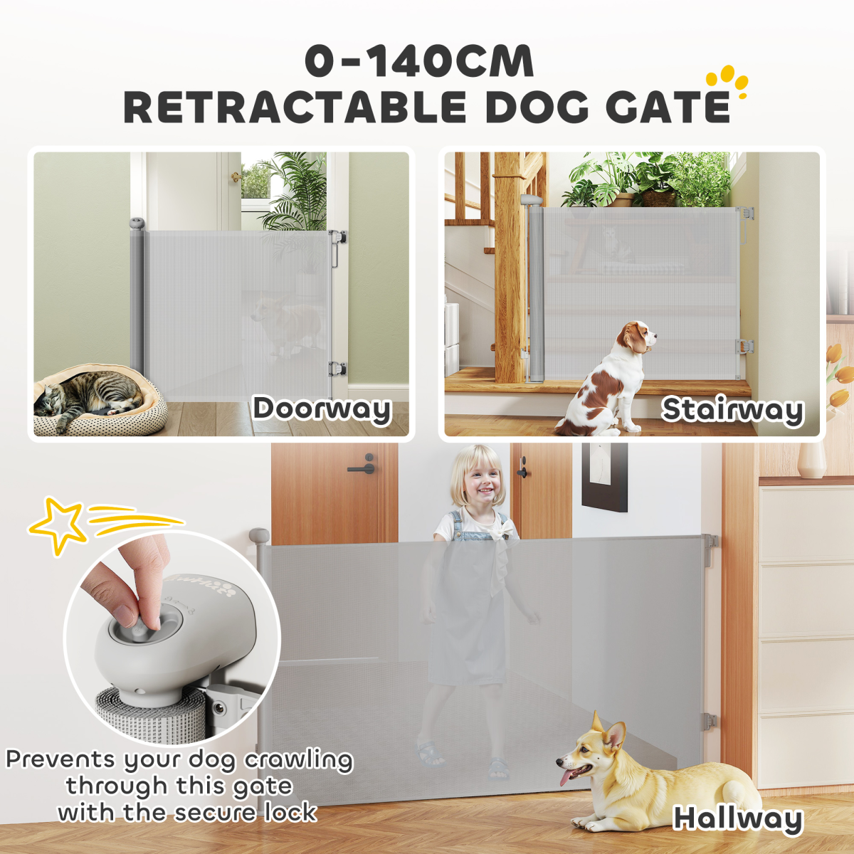 PawHut Retractable Stair Gate, Dog Gate Extends Up to 140 cm Wide