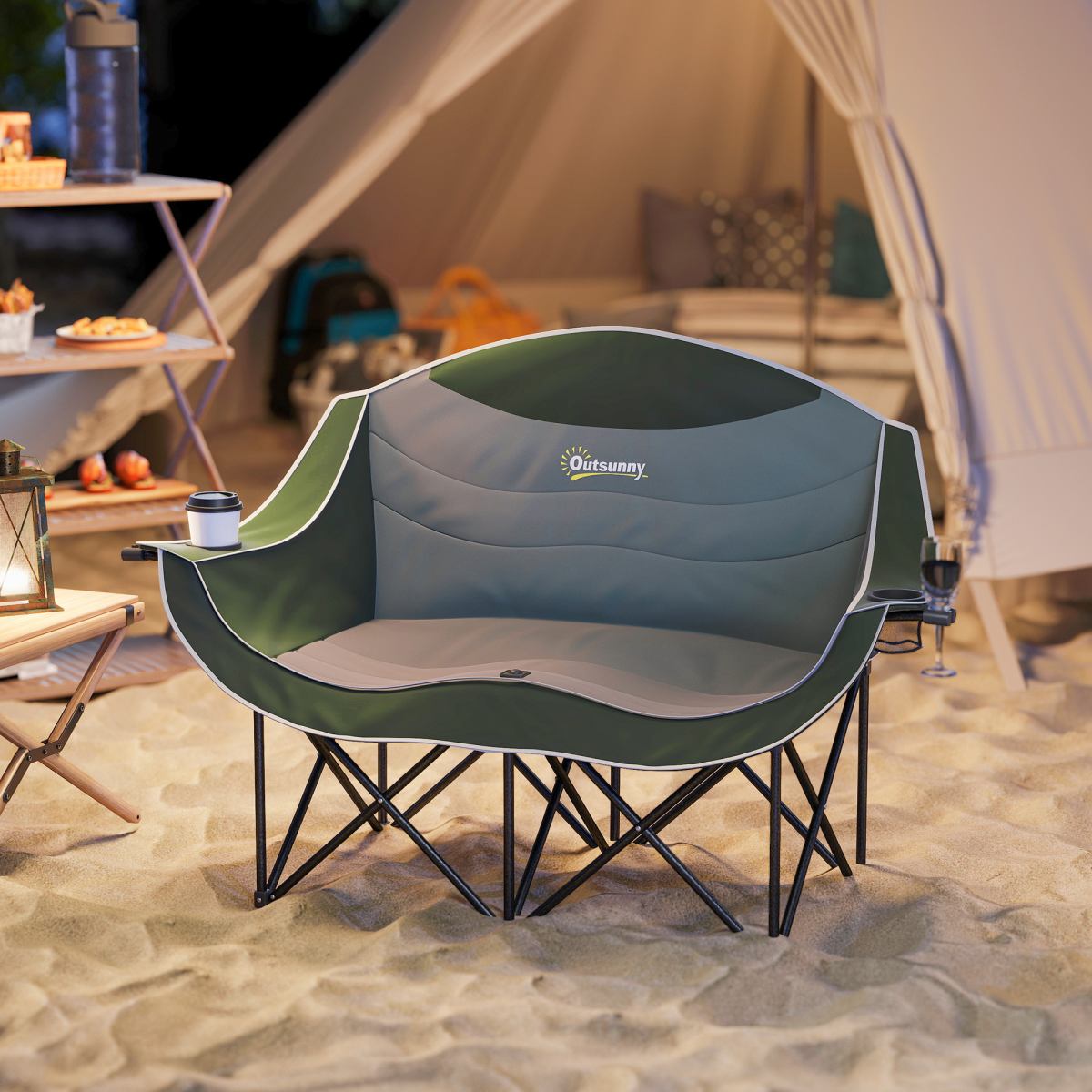 Outsunny Double Camping Chair for Adults with Armrests, Cup Holders