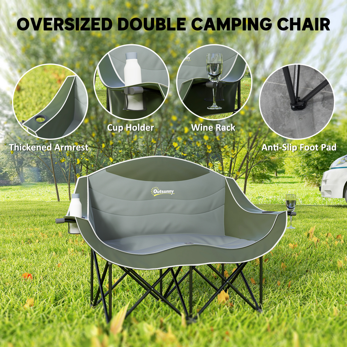 Outsunny Double Camping Chair for Adults with Armrests, Cup Holders