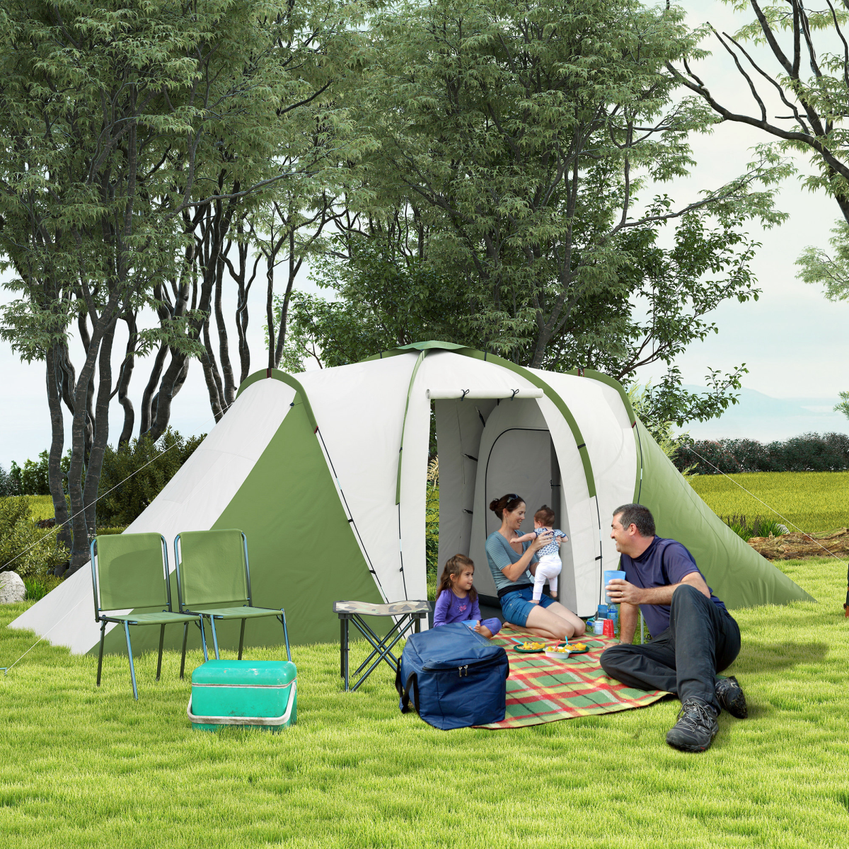 Outsunny 4-6 Man Camping Tent with 2 Bedroom and Living Area