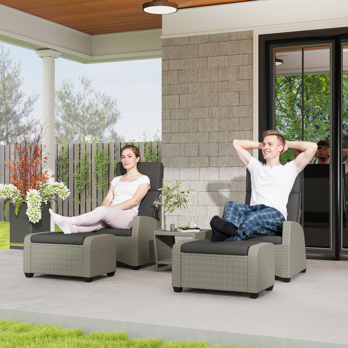 Outsunny 5 PCs Rattan Garden Furniture Set with Reclining Chairs