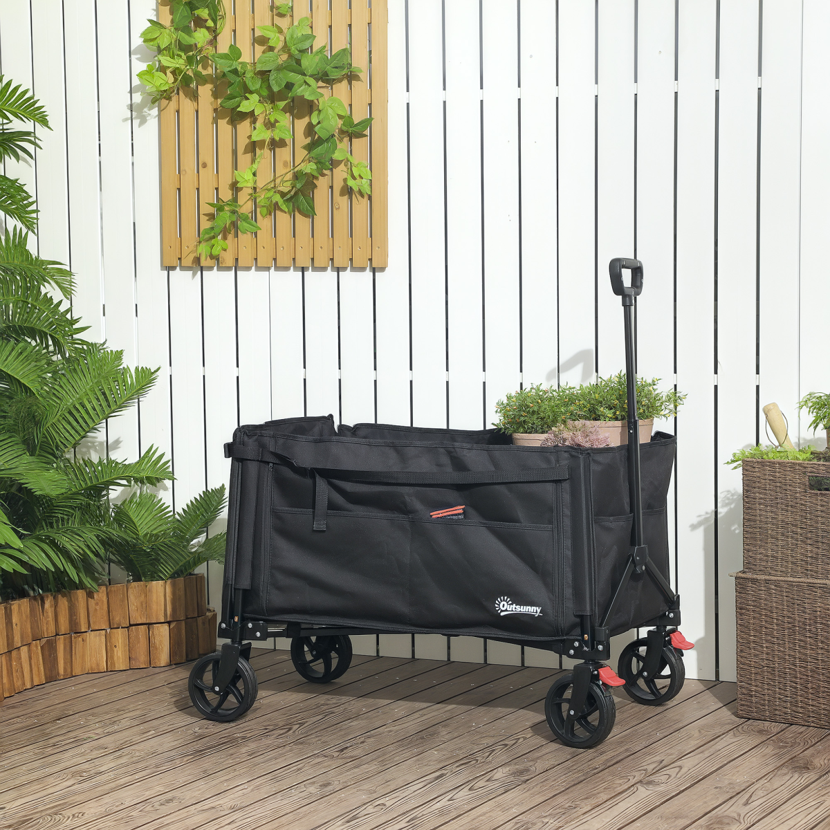 Outsunny Folding Trolley on Wheels, Garden Cart with Openable Sides