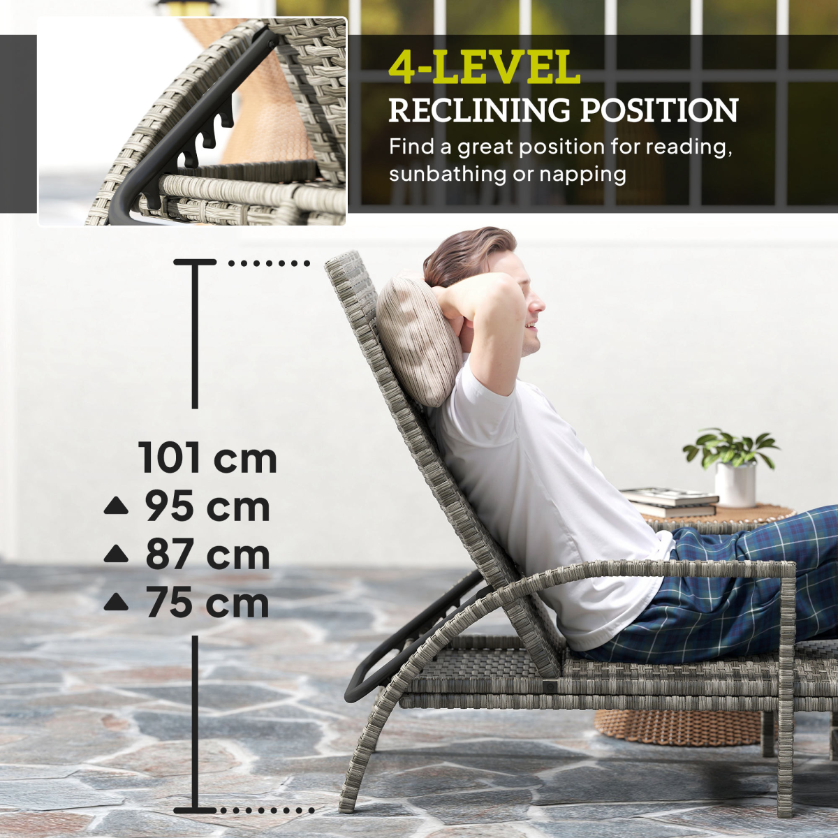 Outsunny PE Rattan Sun Lounger with 4-Level Adjustable Backrest