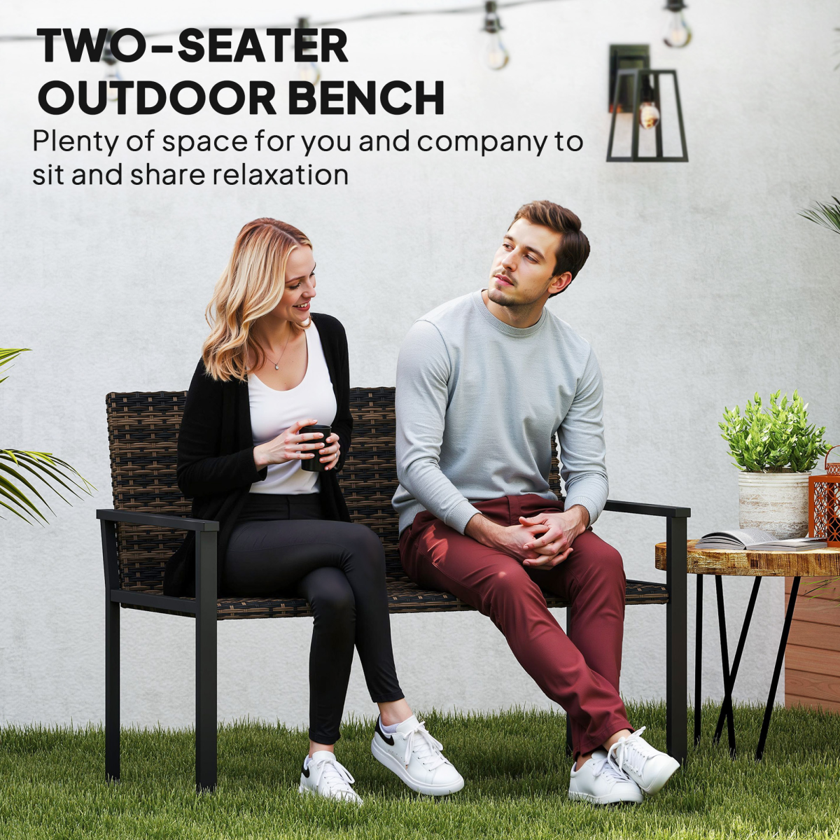 Outsunny Rattan Garden Bench Loveseat with Quick-Drying Padding