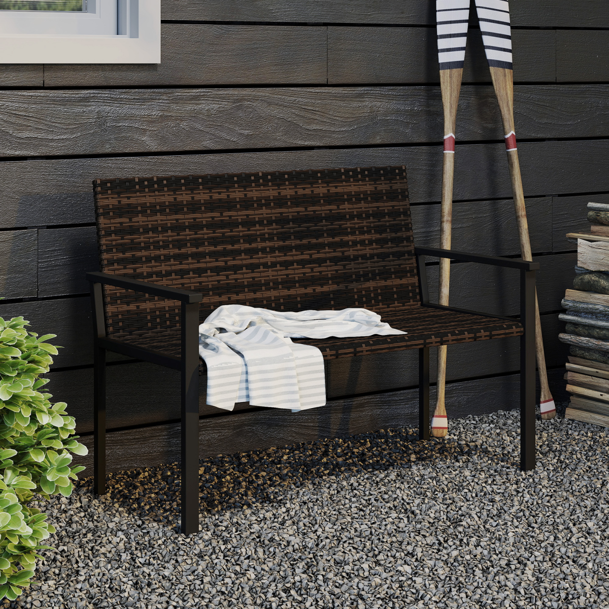 Outsunny Rattan Garden Bench Loveseat with Quick-Drying Padding