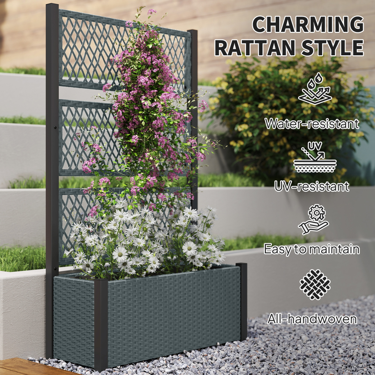 Outsunny Garden Planter Box with Trellis, Rattan Raised Bed