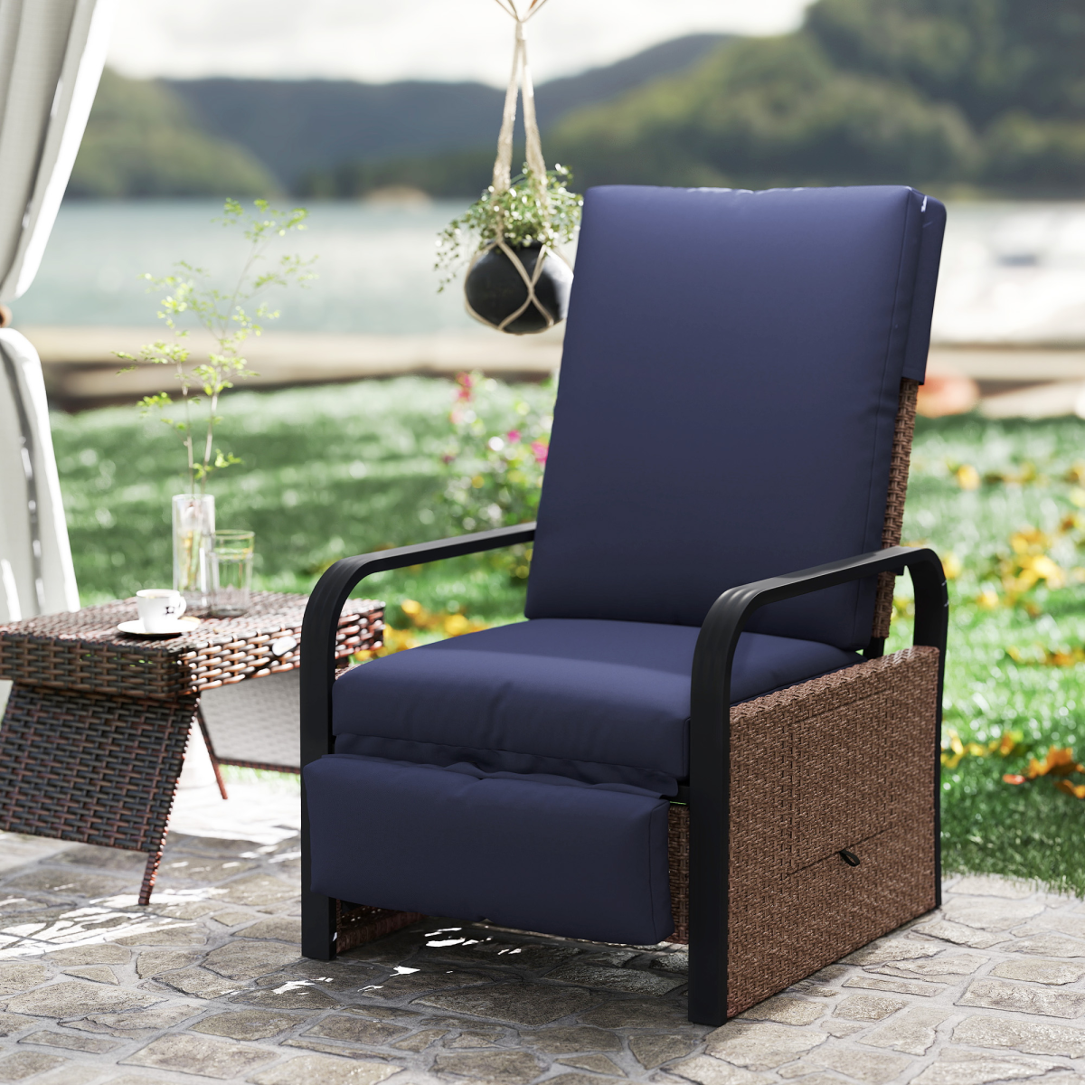 Outsunny Rattan Garden Recliner Chair Sun Lounger w/ Side Tray