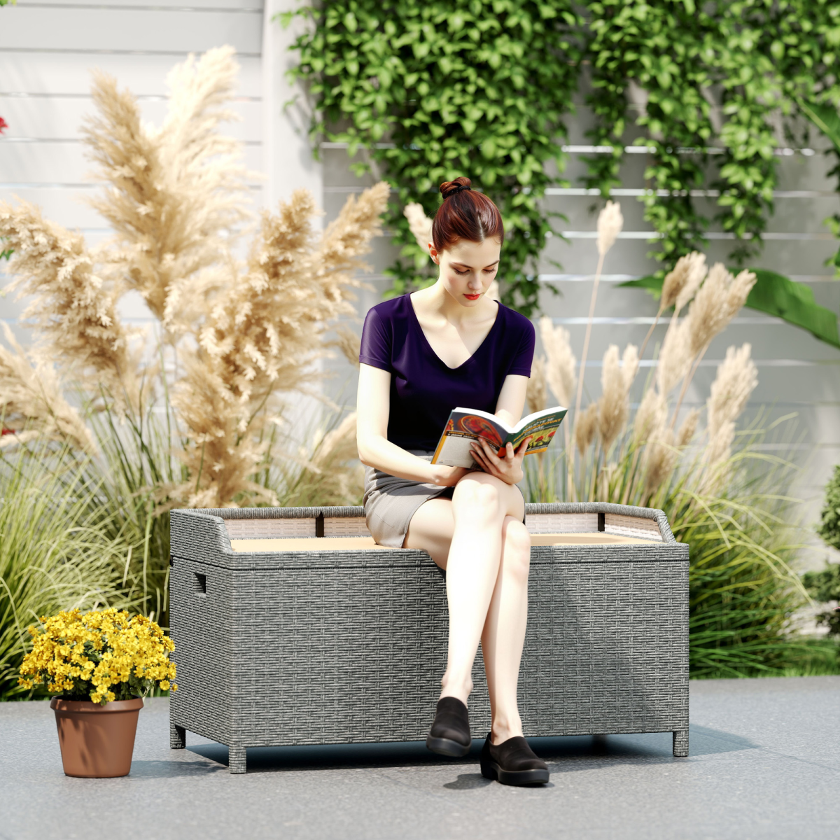 Outsunny Rattan Outdoor Storage Bench with Aluminium Frame