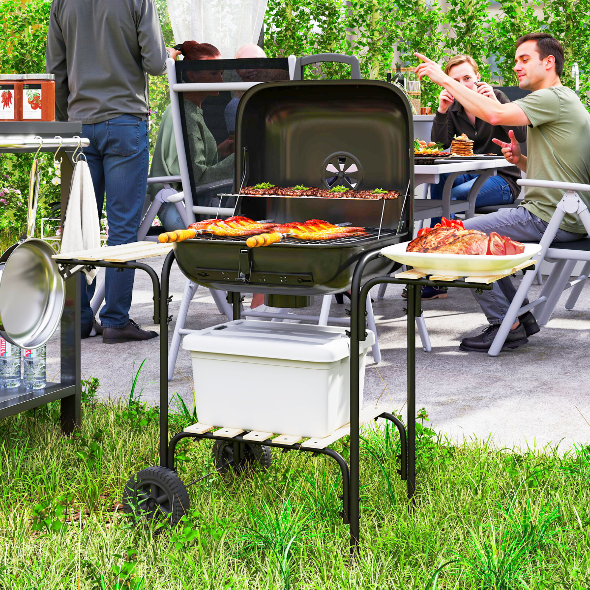 Outsunny Charcoal Barbecue Grill Portable BBQ with Lockable Lid, Vent