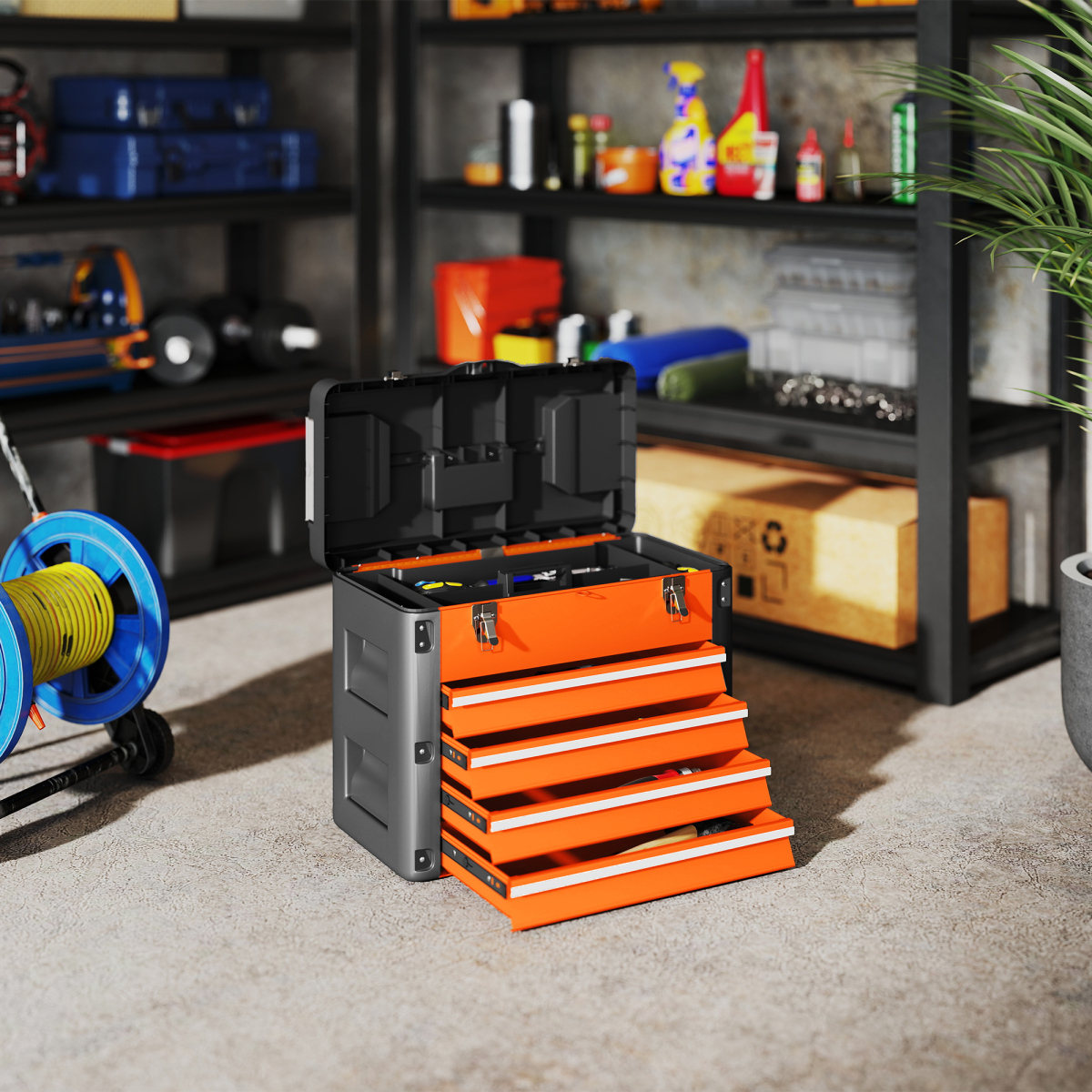 HOMCOM 4 Drawers Large Tool Box, Steel Toolbox with Handle