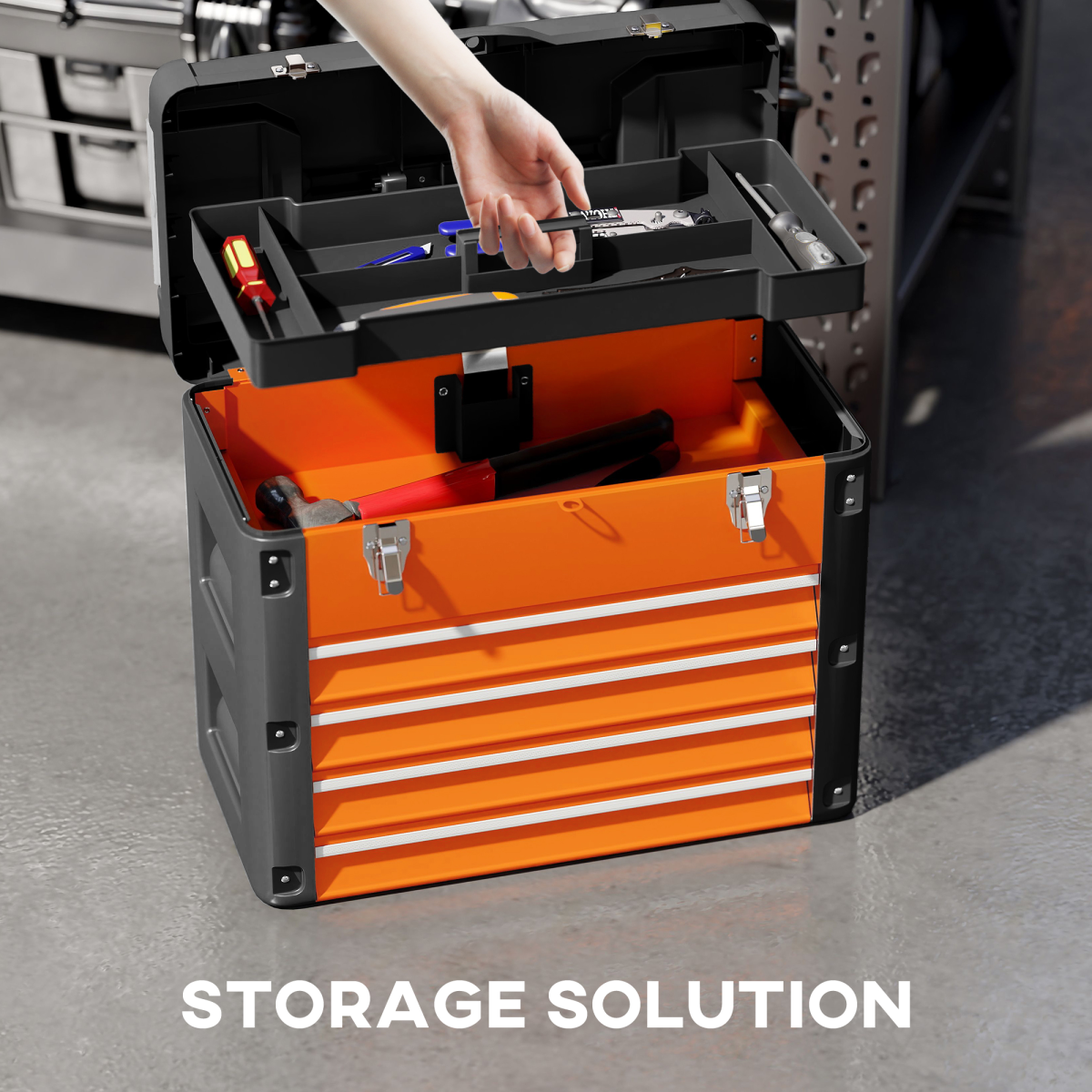 HOMCOM 4 Drawers Large Tool Box, Steel Toolbox with Handle