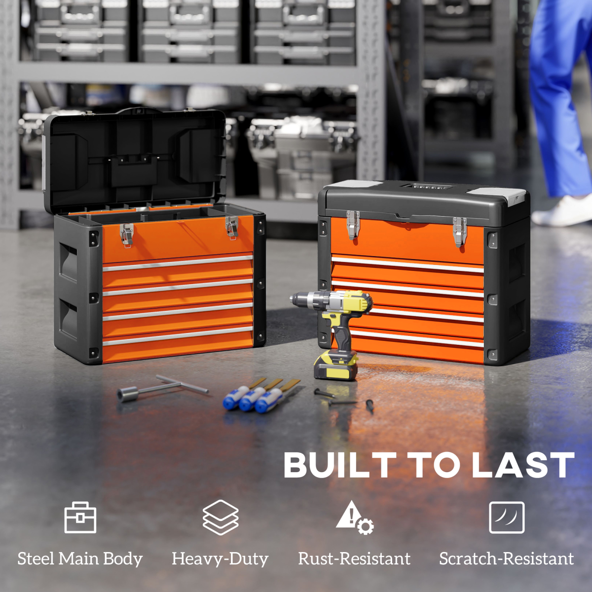 HOMCOM 4 Drawers Large Tool Box, Steel Toolbox with Handle