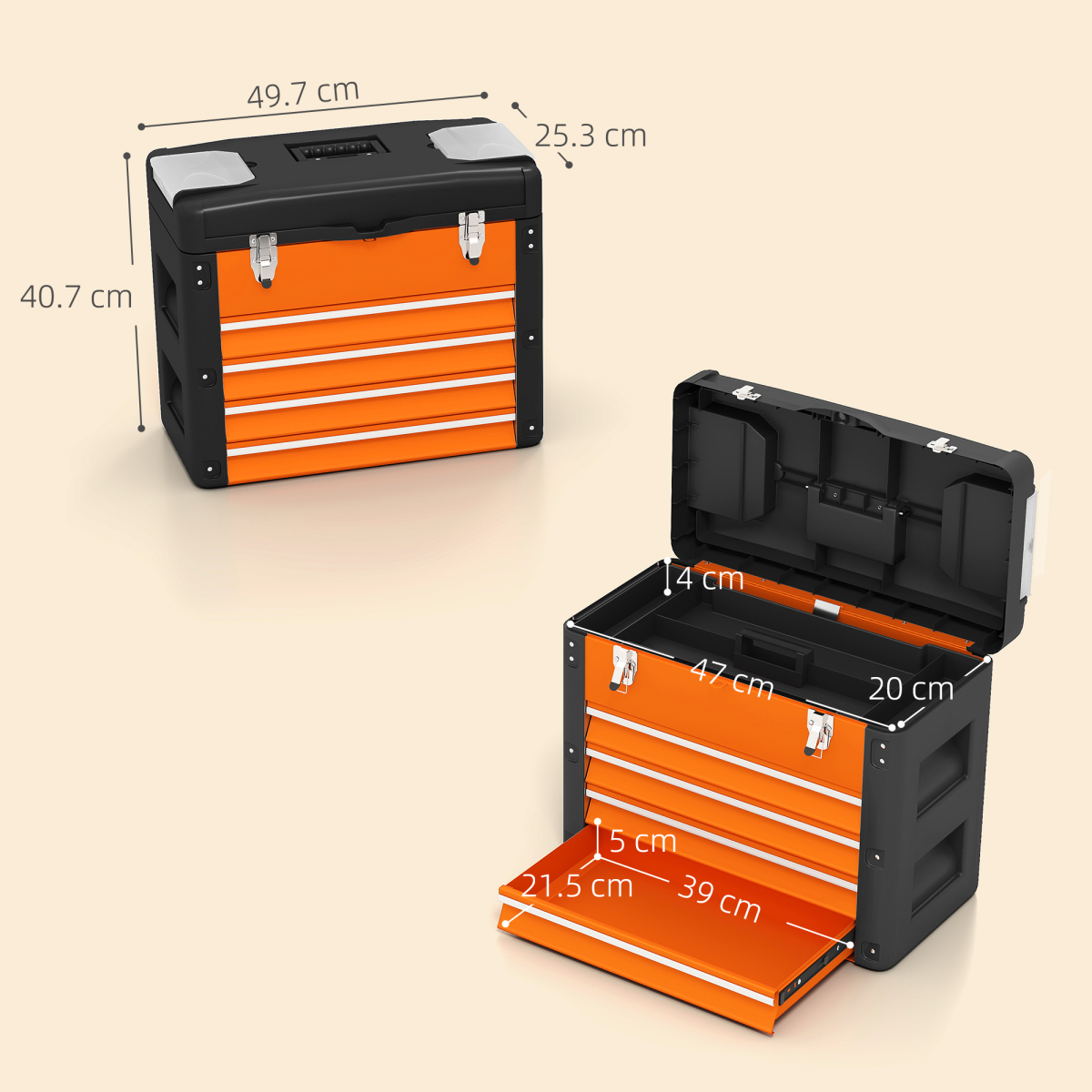 HOMCOM 4 Drawers Large Tool Box, Steel Toolbox with Handle
