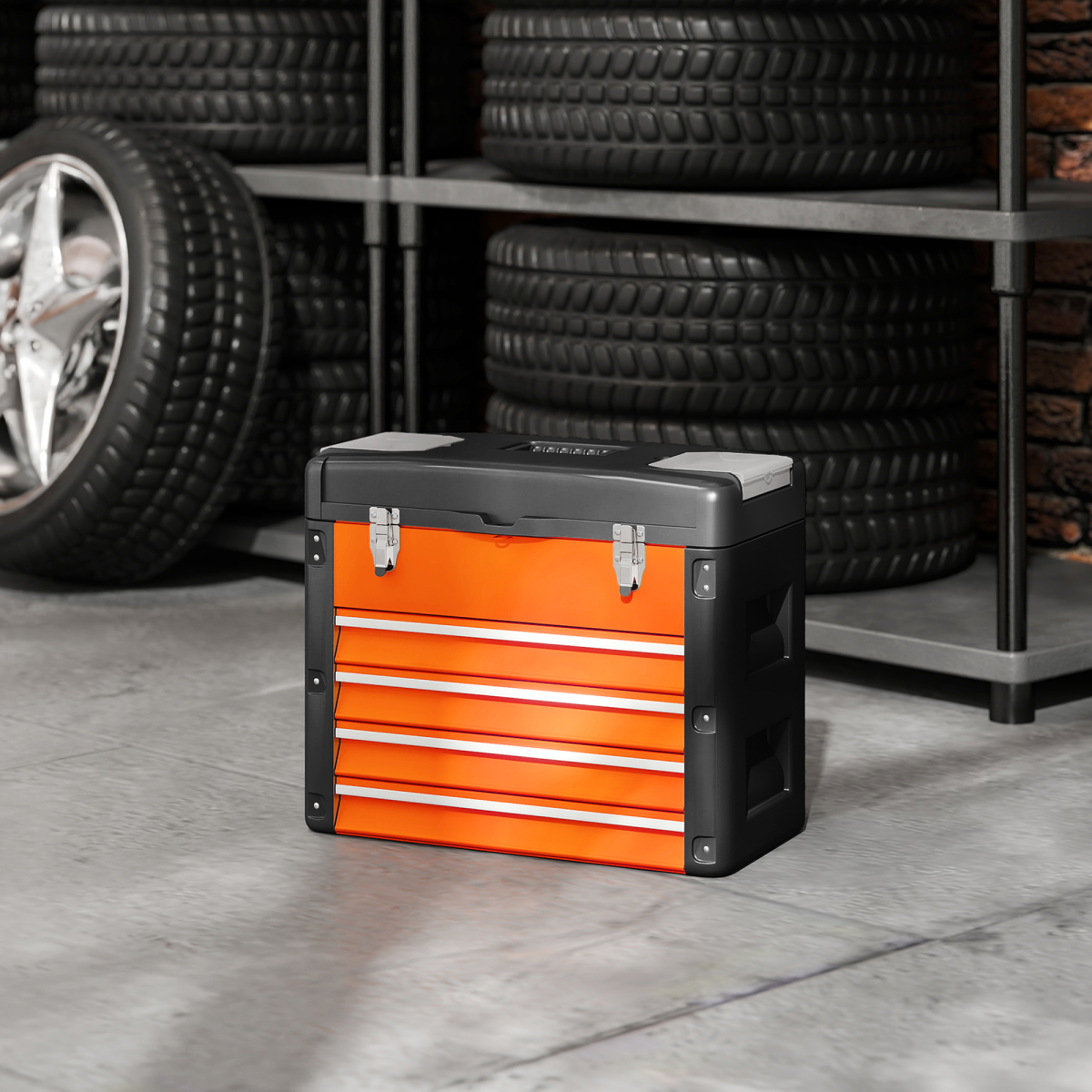 HOMCOM 4 Drawers Large Tool Box, Steel Toolbox with Handle