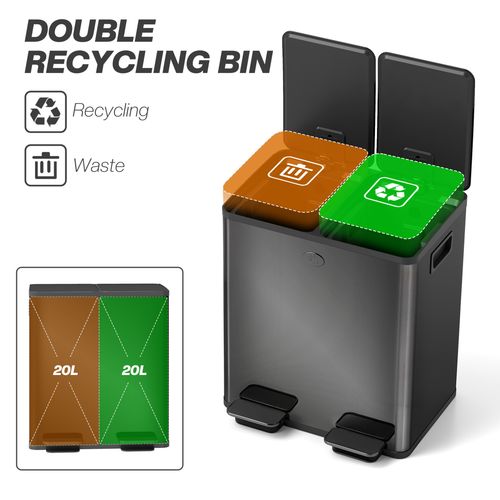 HOMCOM 2 x 20L Dual Kitchen Bin Pedal Bin for Recycling and Waste