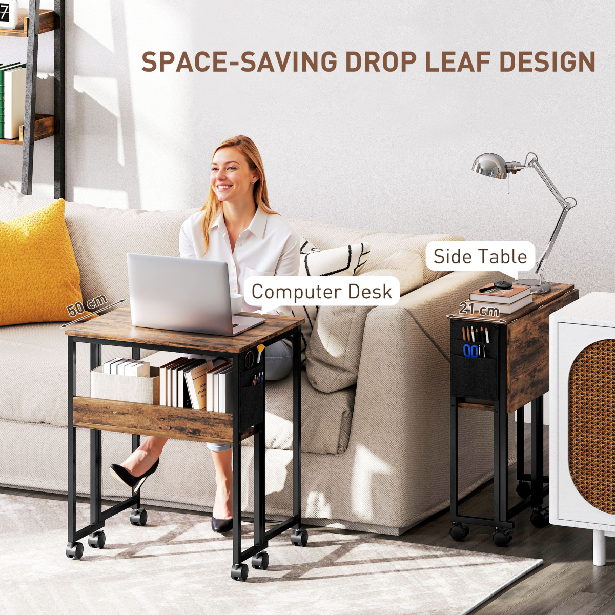 HOMCOM 63 cm Foldable Computer Desk on Wheels for Small Spaces