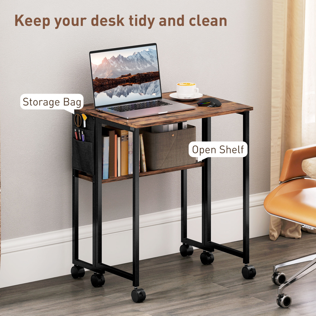 HOMCOM 63 cm Foldable Computer Desk on Wheels for Small Spaces