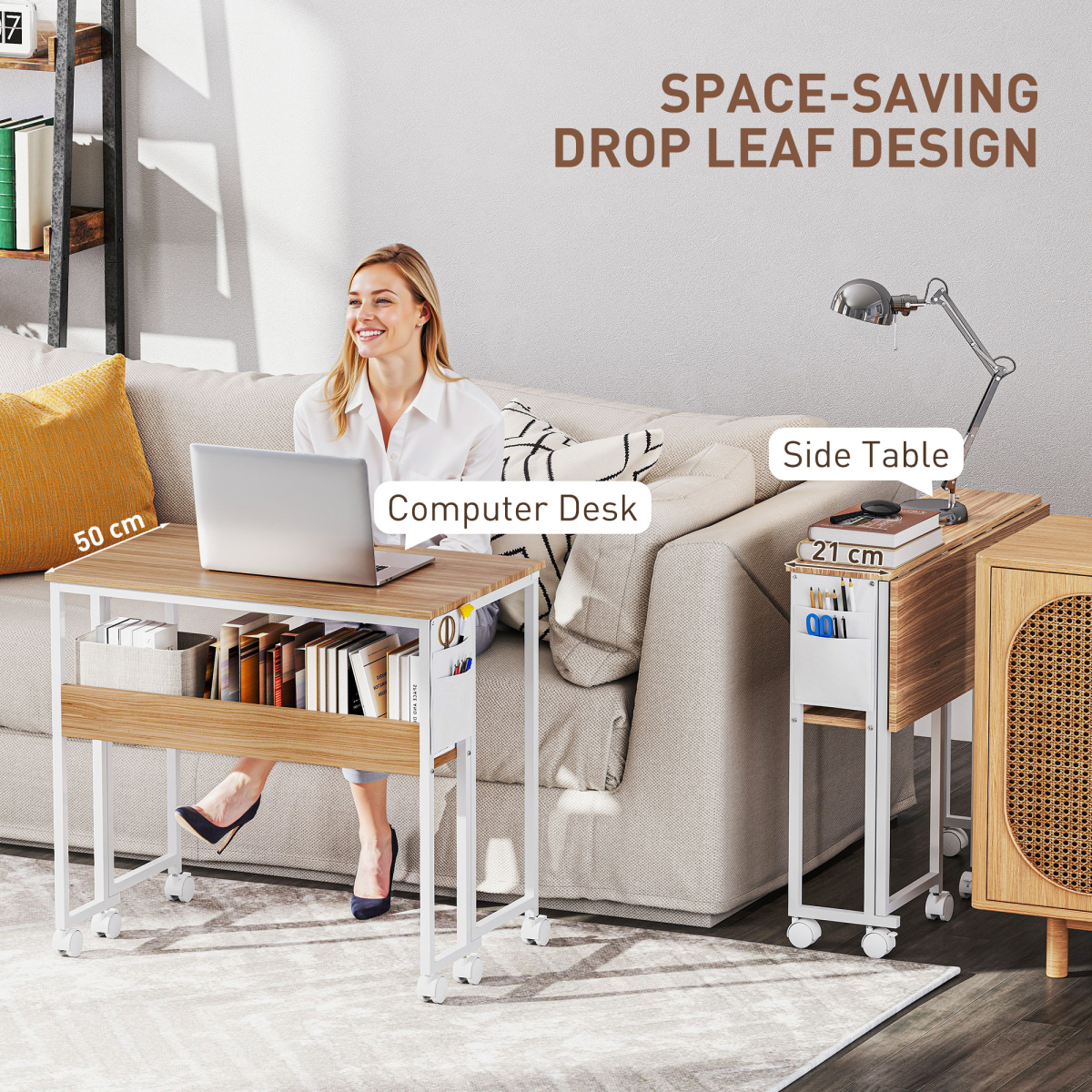 HOMCOM 80 cm Foldable Computer Desk on Wheels for Small Spaces