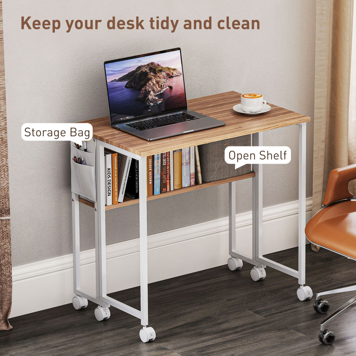 HOMCOM 80 cm Foldable Computer Desk on Wheels for Small Spaces