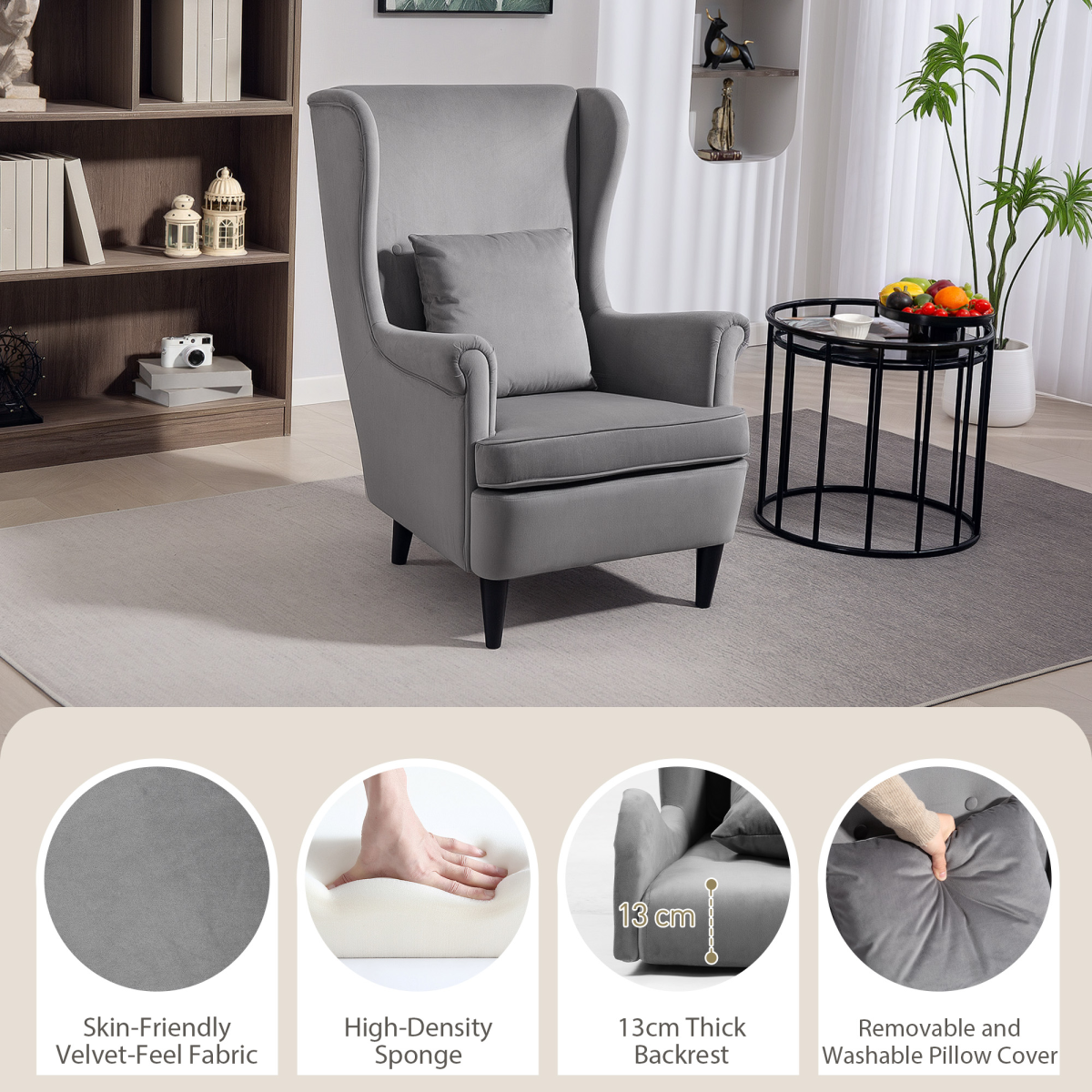 HOMCOM Wingback Chair, Modern Accent Chair for Living Room Bedroom