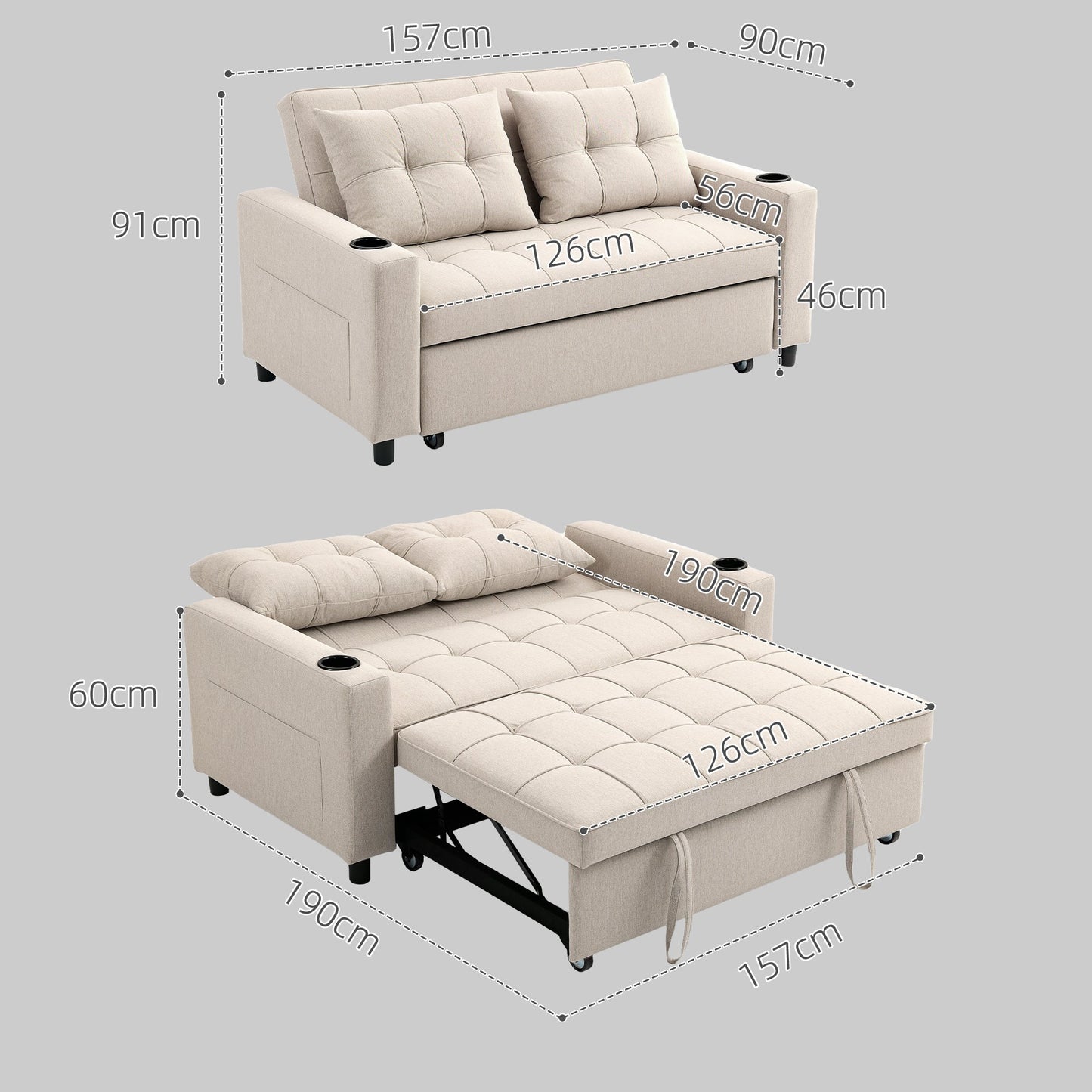 HOMCOM 2 Seater Pull Out Sofa Bed with Pockets for Living Room Beige