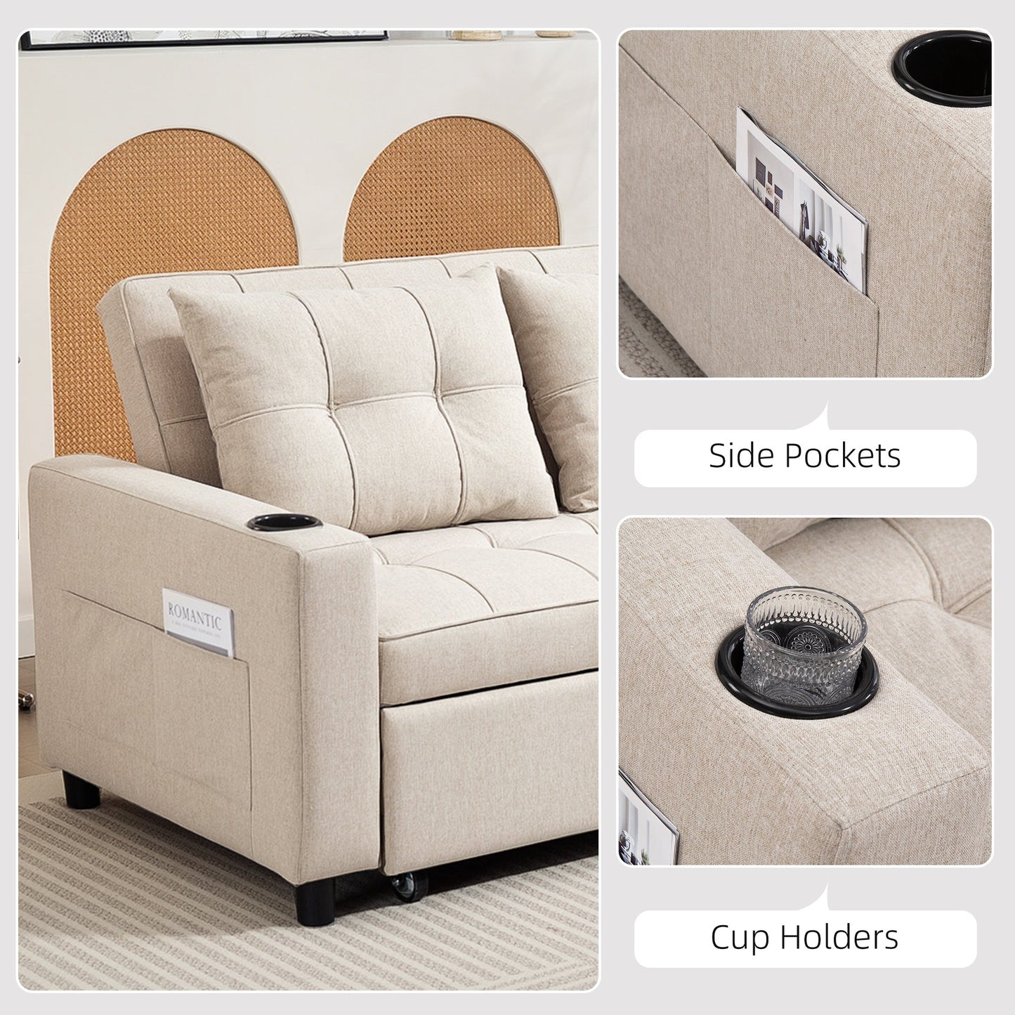 HOMCOM 2 Seater Pull Out Sofa Bed with Pockets for Living Room Beige