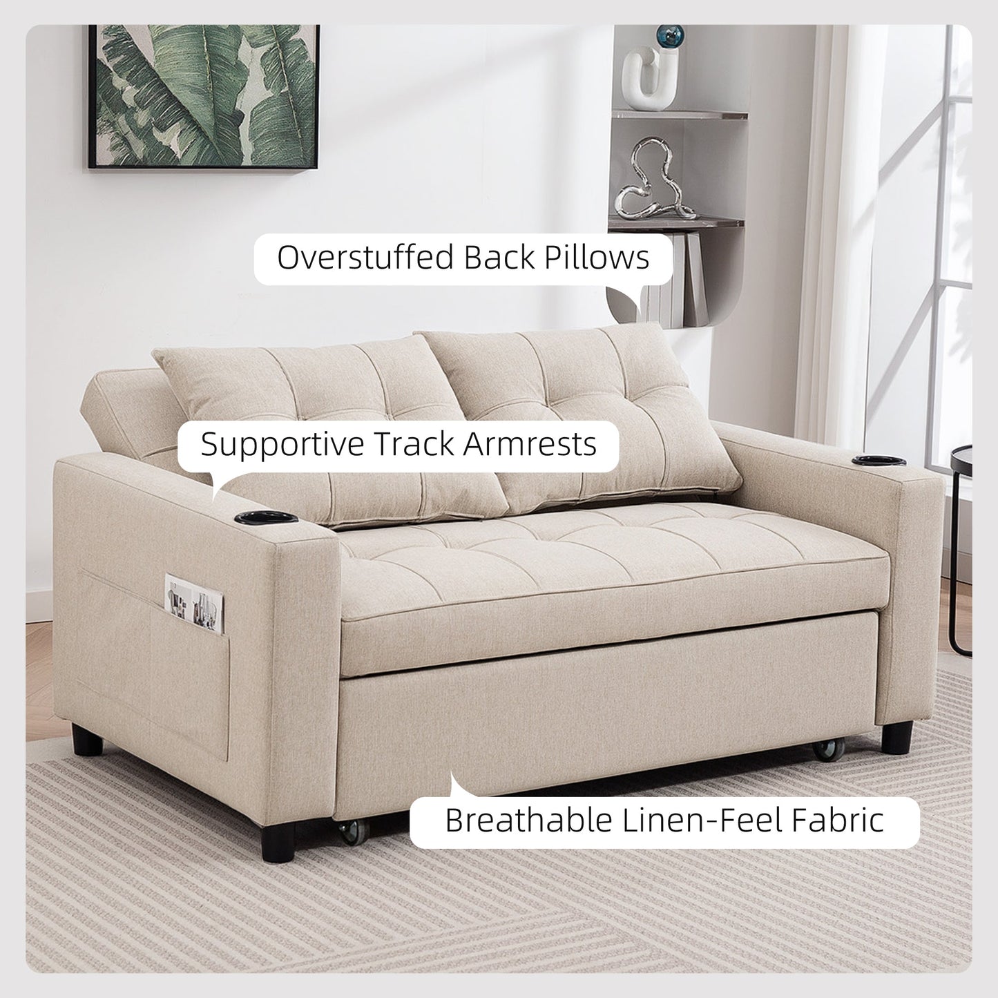 HOMCOM 2 Seater Pull Out Sofa Bed with Pockets for Living Room Beige
