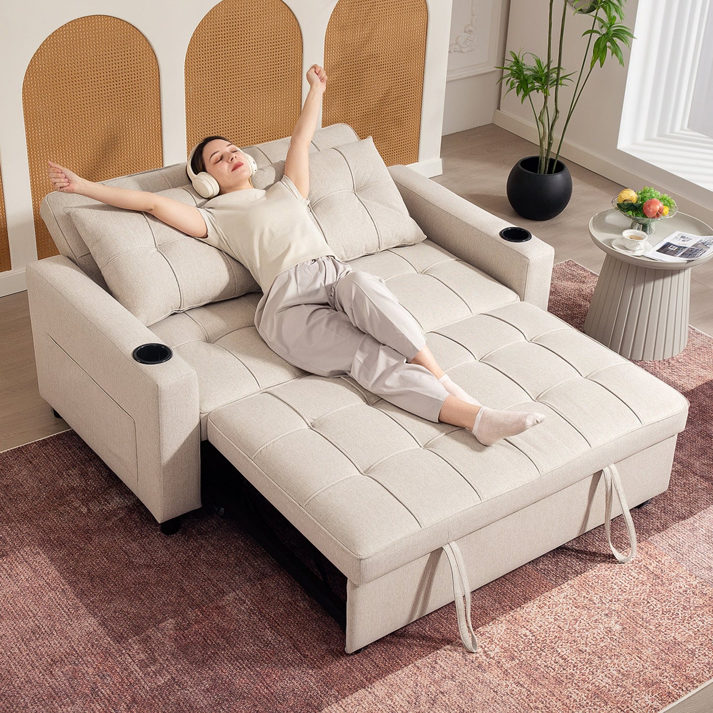 HOMCOM 2 Seater Pull Out Sofa Bed with Pockets for Living Room Beige