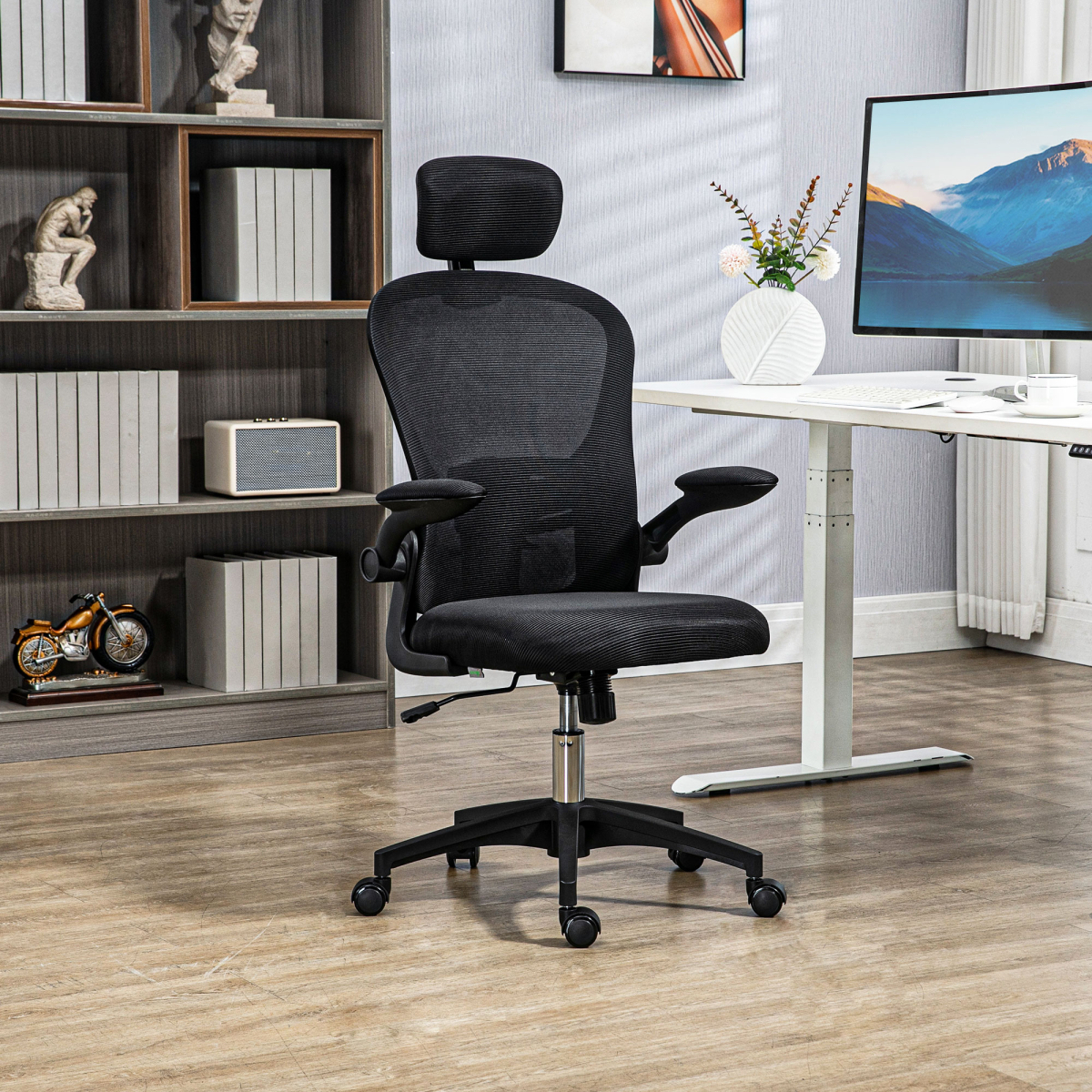 Vinsetto Mesh Chair with Headrest, 4D Lumbar Support, Flip-up Arm