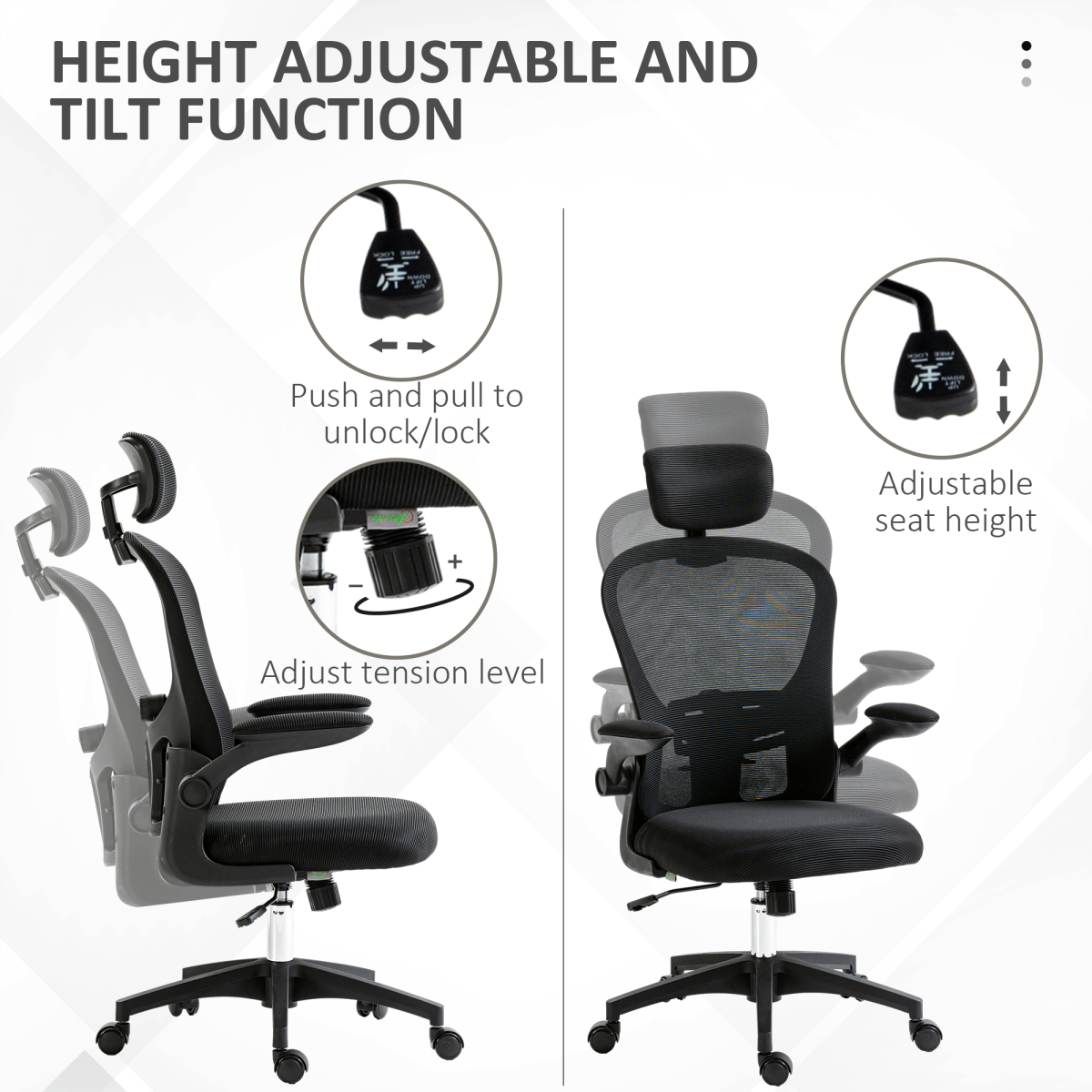 Vinsetto Mesh Chair with Headrest, 4D Lumbar Support, Flip-up Arm