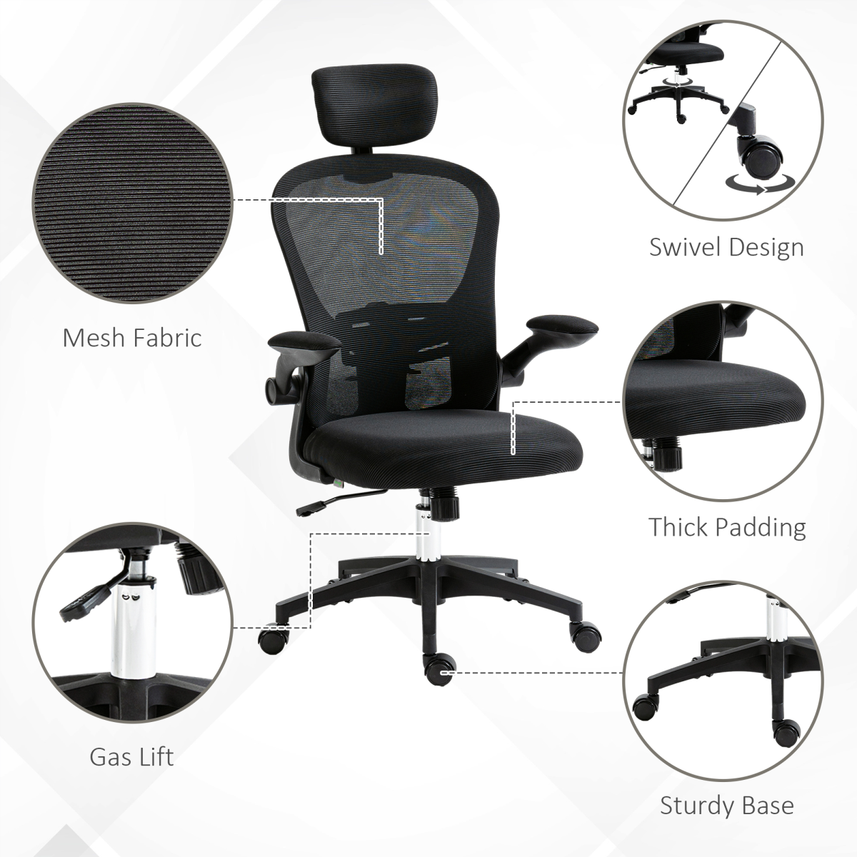 Vinsetto Mesh Chair with Headrest, 4D Lumbar Support, Flip-up Arm