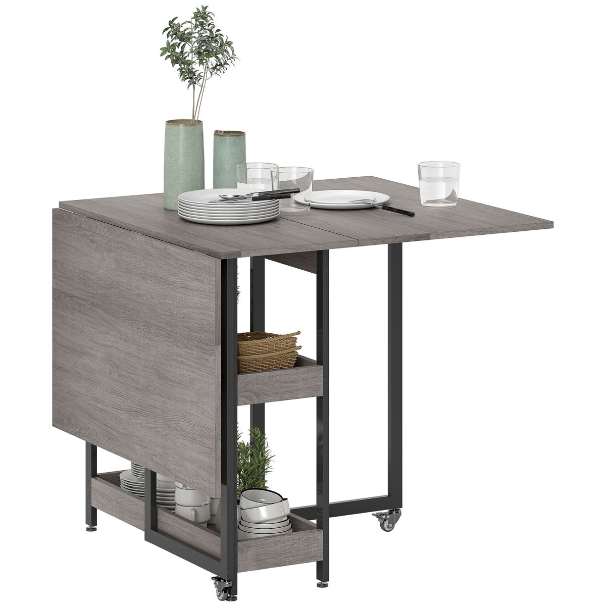 HOMCOM Folding Dining Table, Drop Leaf Table with Open Compartments