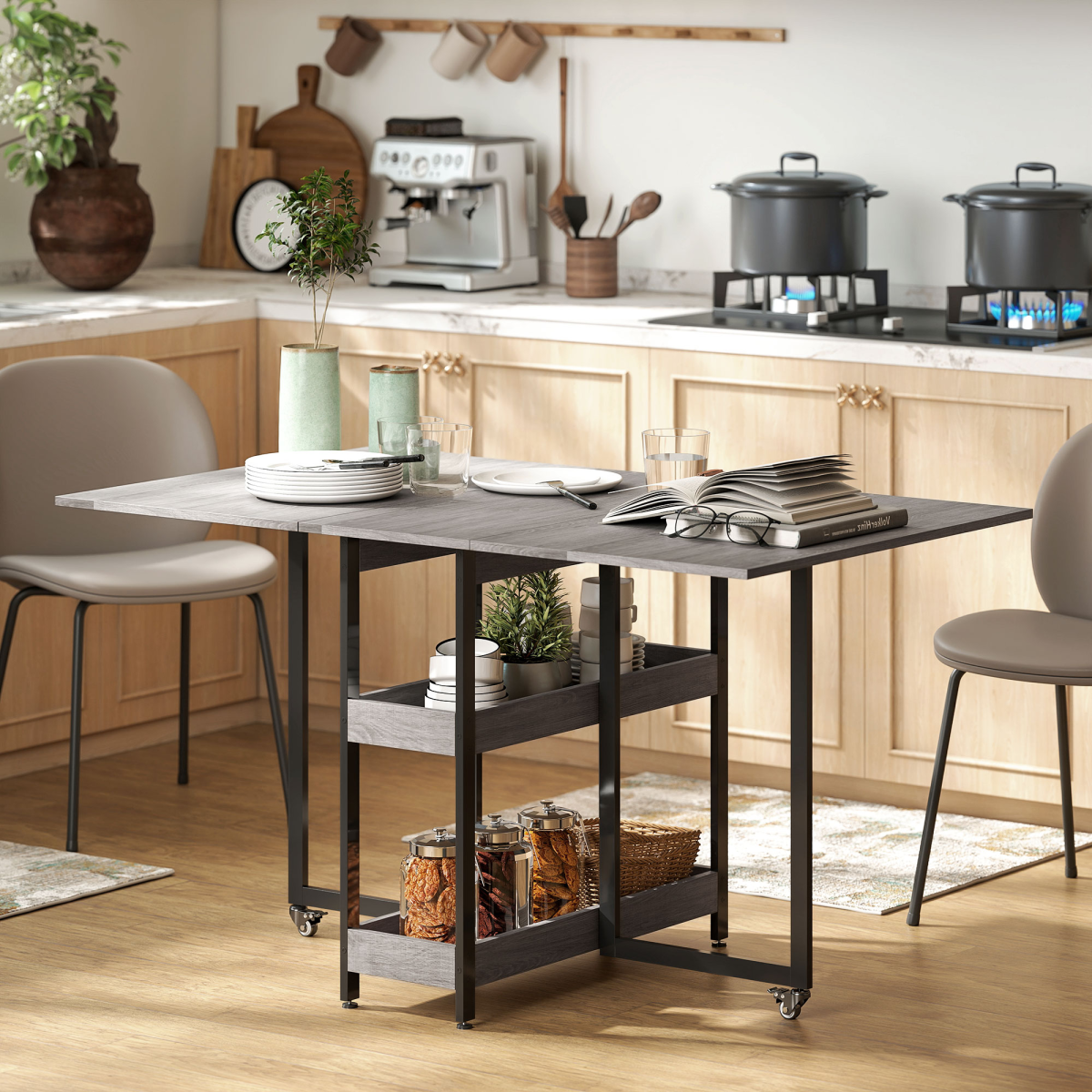 HOMCOM Folding Dining Table, Drop Leaf Table with Open Compartments