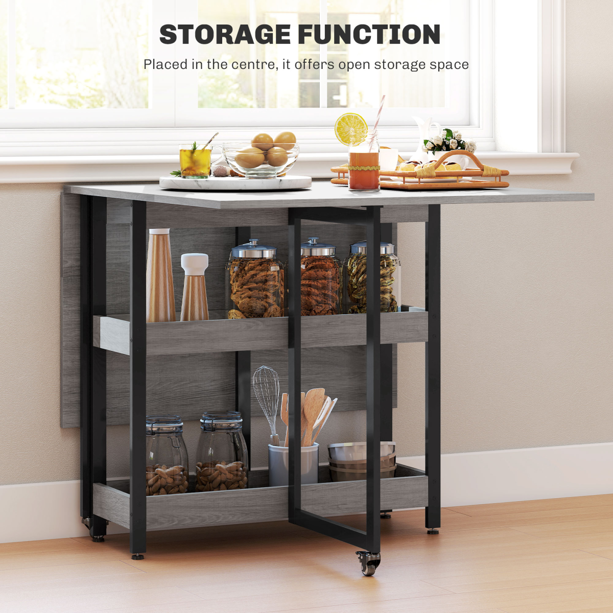 HOMCOM Folding Dining Table, Drop Leaf Table with Open Compartments