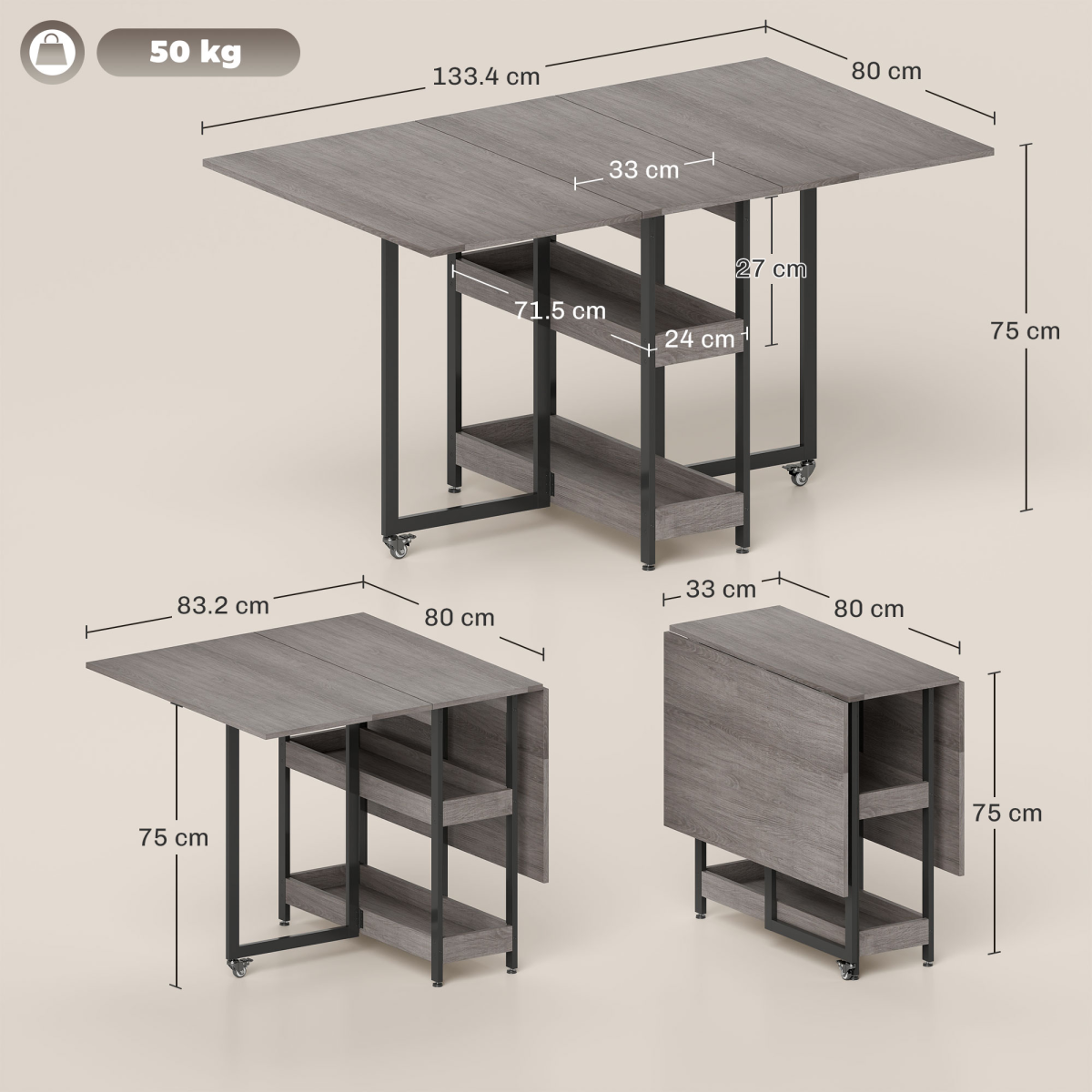 HOMCOM Folding Dining Table, Drop Leaf Table with Open Compartments