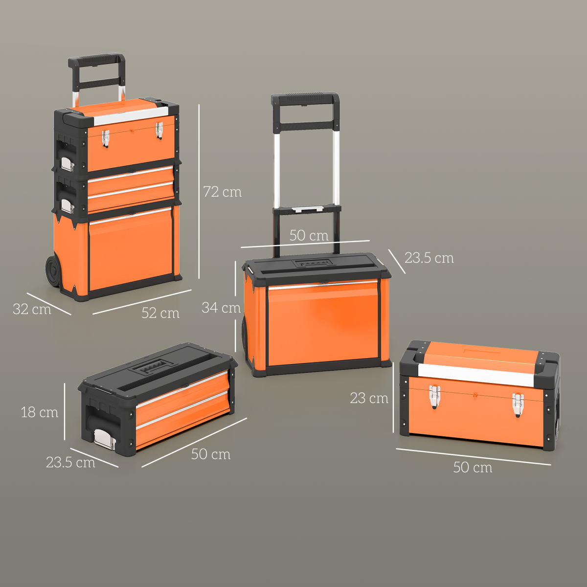 HOMCOM 3-Tier Tool Box with Wheels, Stackable Steel Toolbox