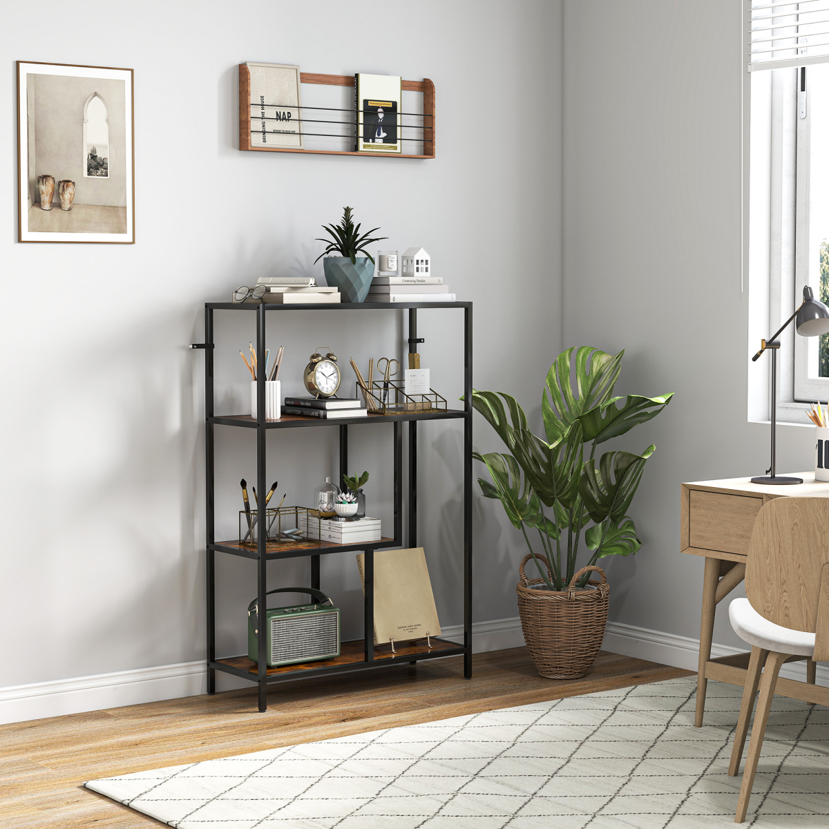HOMCOM Industrial Bookshelf Bookcase w/ Open Shelves for Study