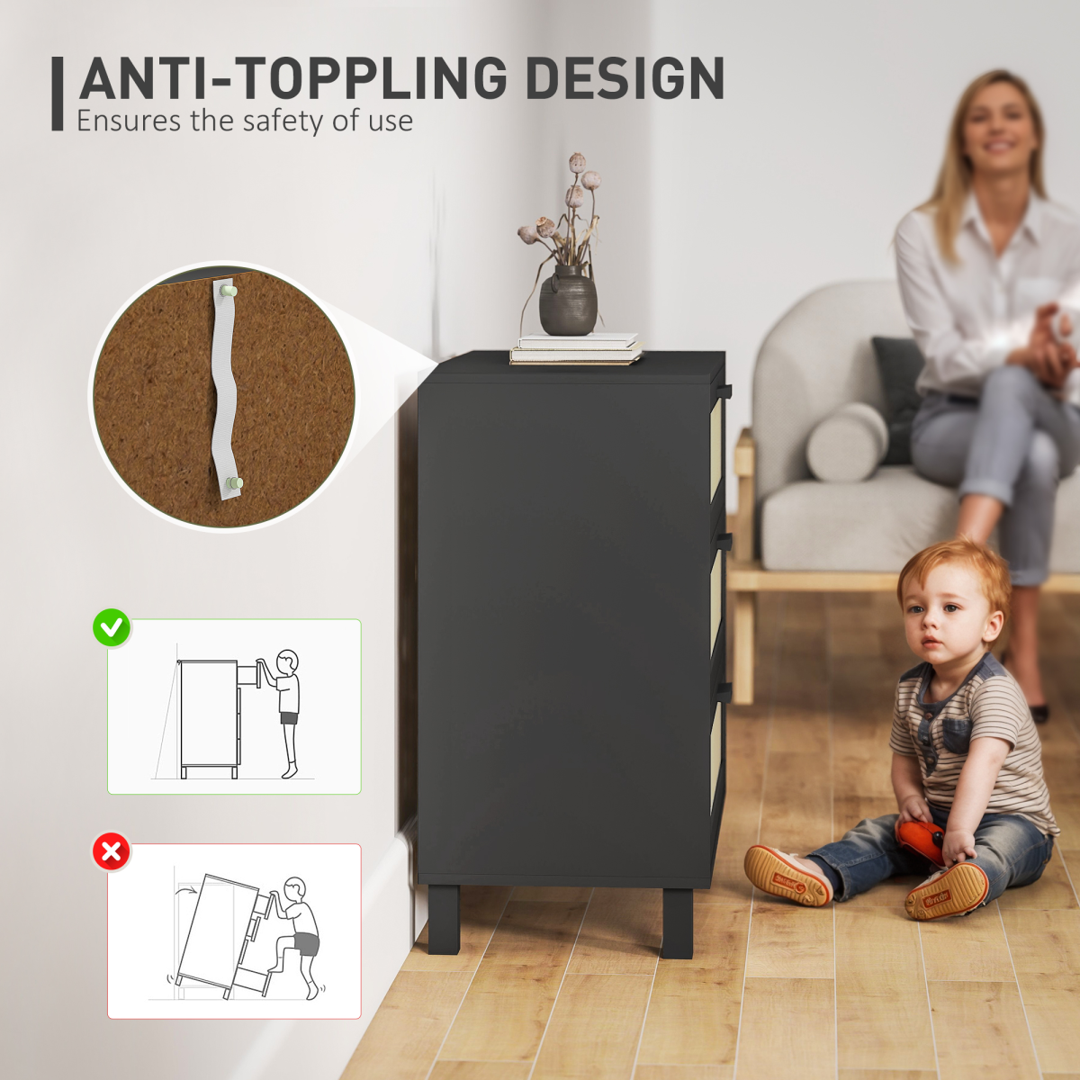 HOMCOM 3 Drawer Cabinet Storage Cupboard Sideboard Organiser