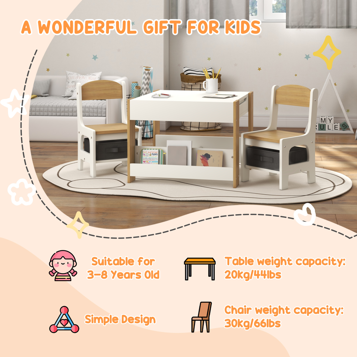 HOMCOM 3-Piece Kids Table and Chair Set for Nursery, Playroom, Classroom