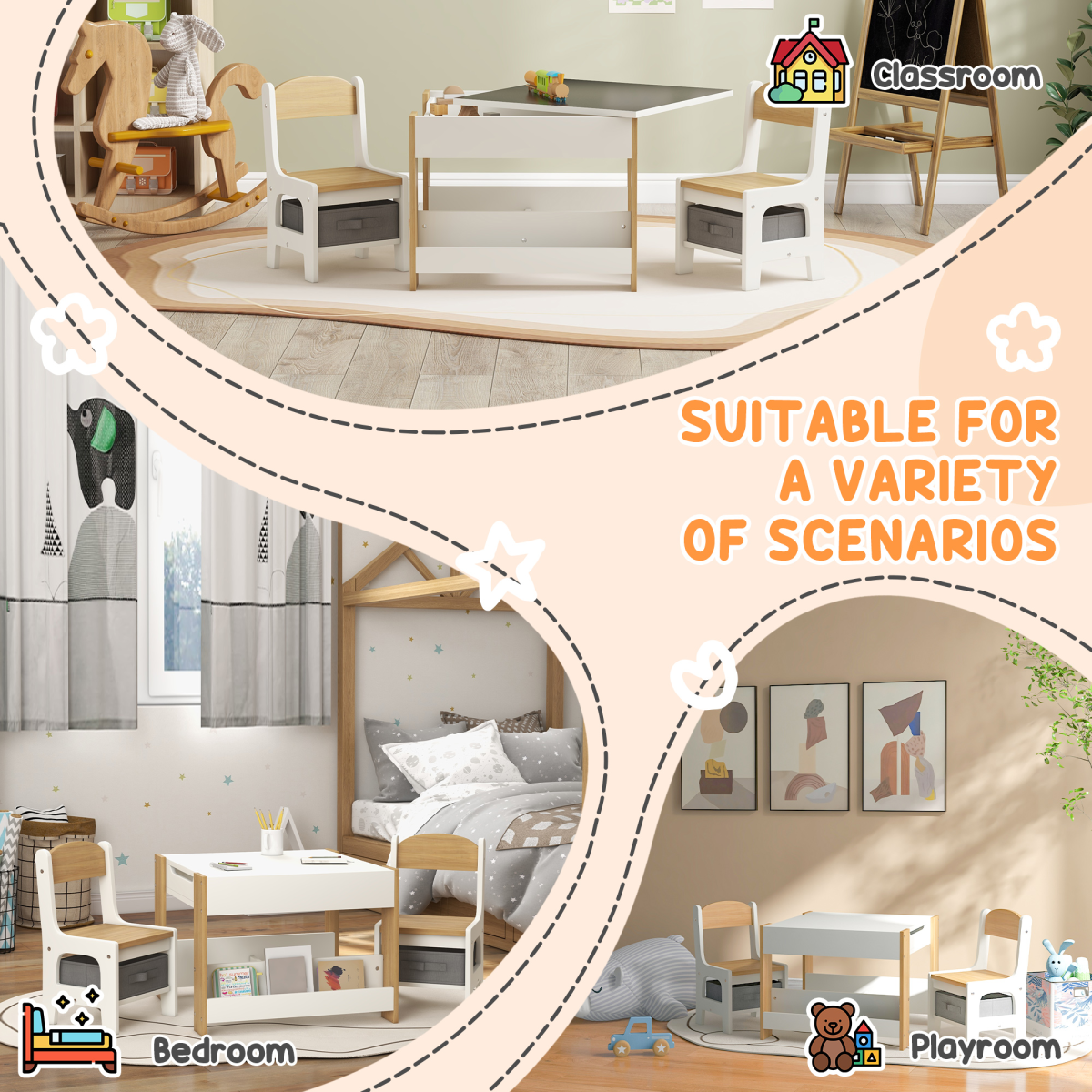 HOMCOM 3-Piece Kids Table and Chair Set for Nursery, Playroom, Classroom
