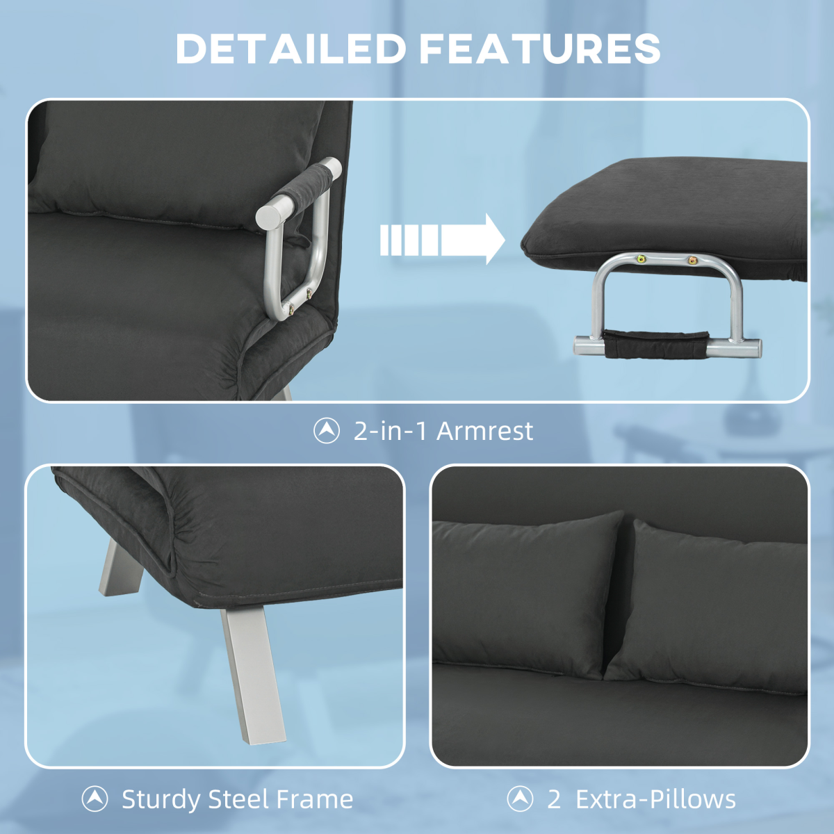 HOMCOM Fabric Convertible 2 Seater Sofa Bed w/ 2 Pillows