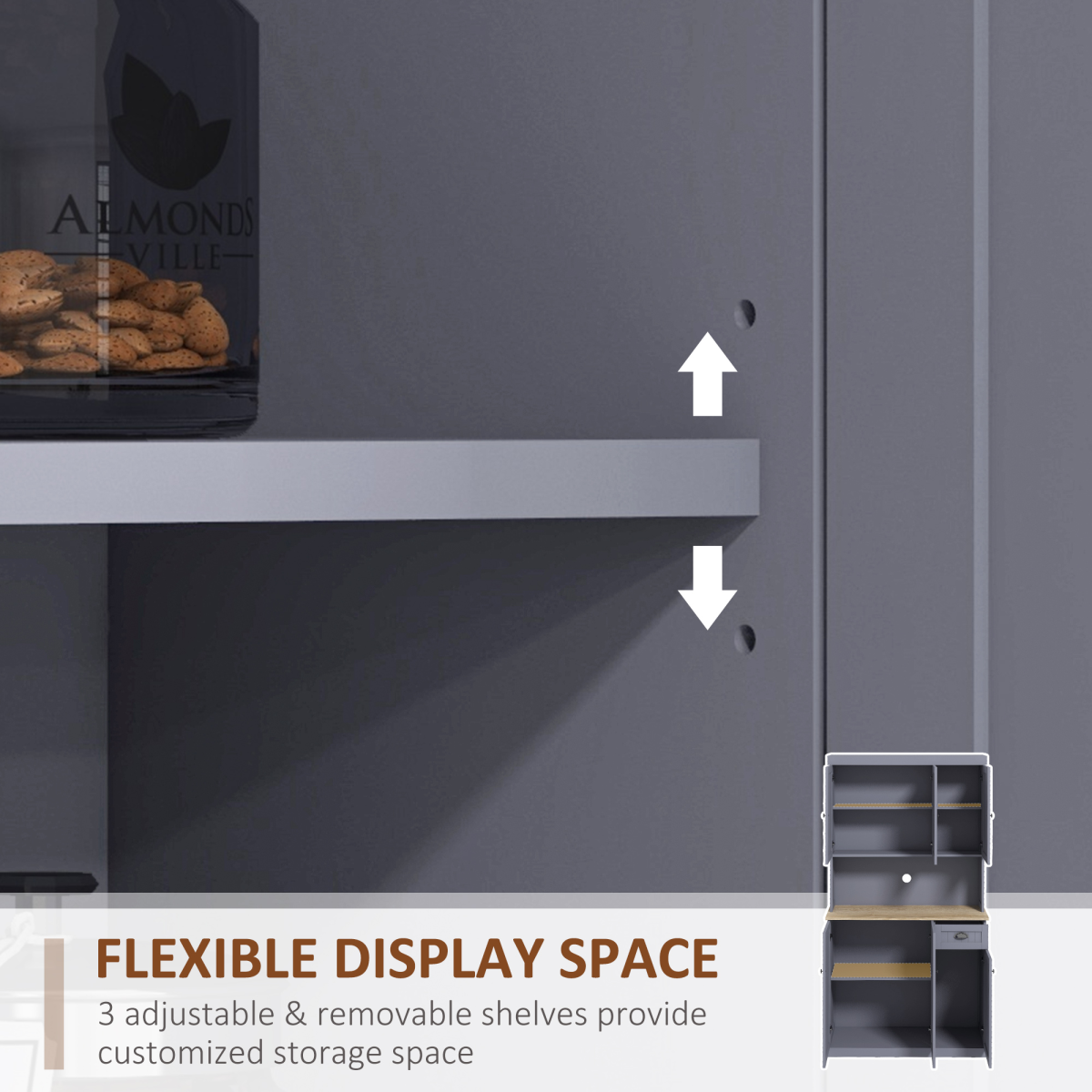 HOMCOM Kitchen Cupboard Storage Cabinet with Adjustable Shelves, Grey