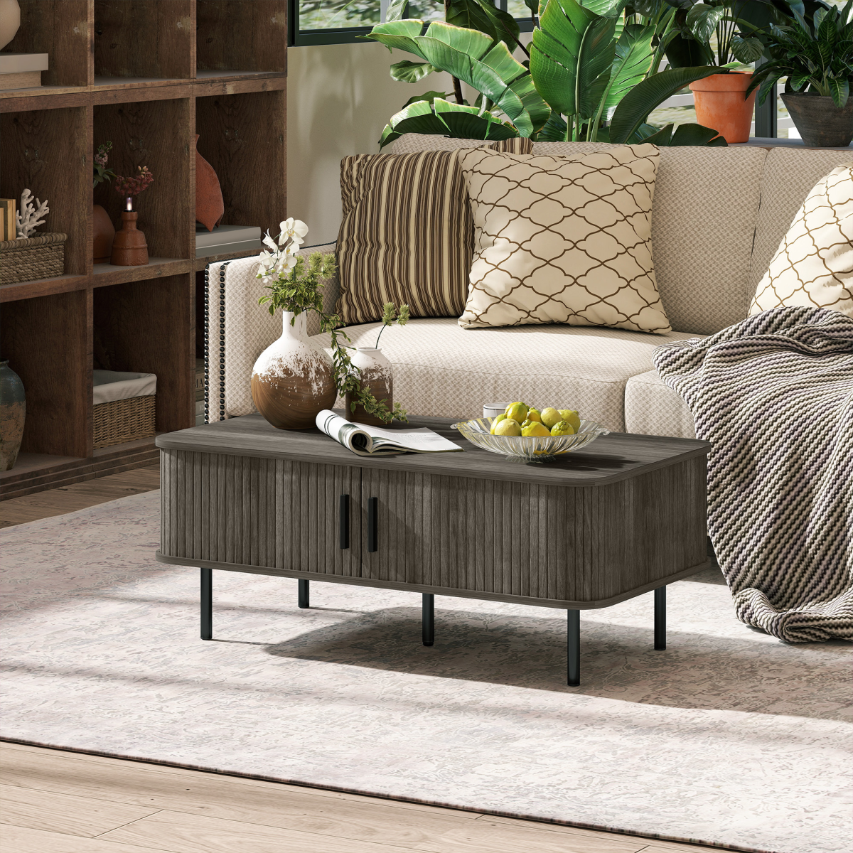 HOMCOM Coffee Table with Storage and Sliding Doors for Living Room, Grey