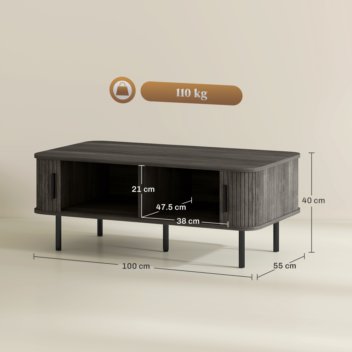 HOMCOM Coffee Table with Storage and Sliding Doors for Living Room, Grey
