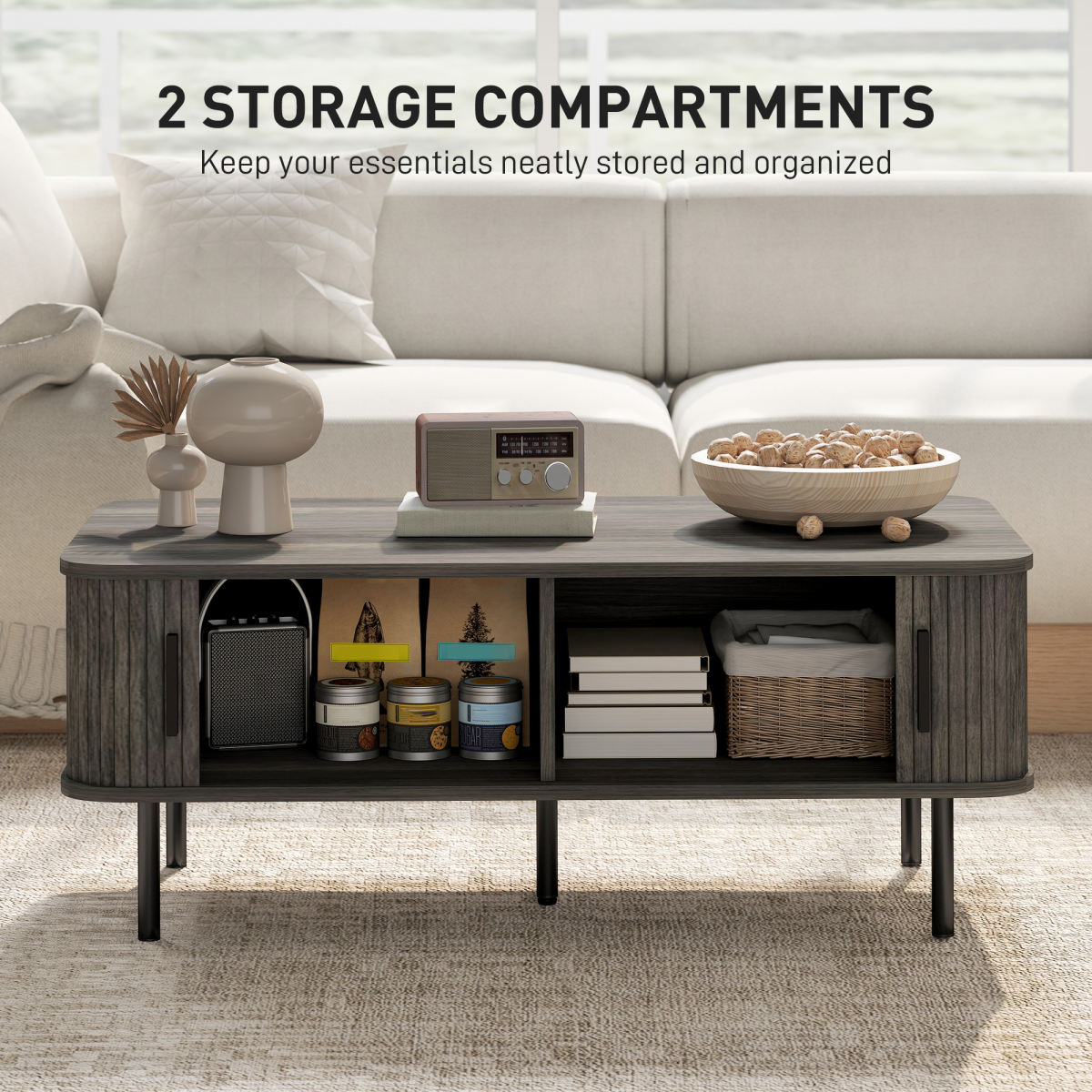 HOMCOM Coffee Table with Storage and Sliding Doors for Living Room, Grey