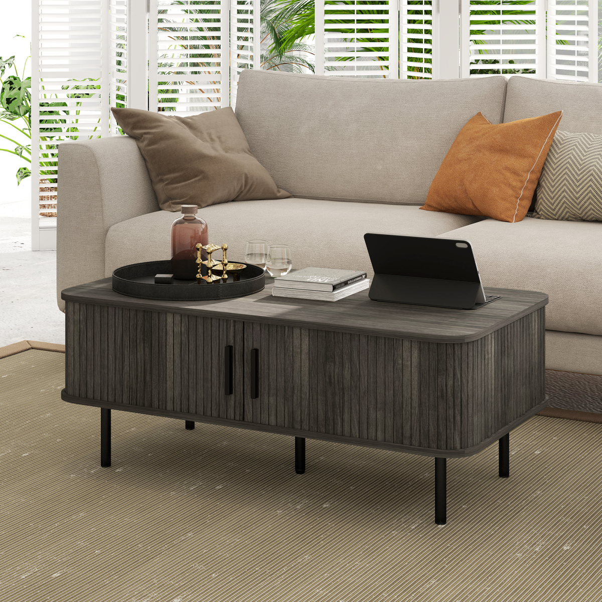 HOMCOM Coffee Table with Storage and Sliding Doors for Living Room, Grey