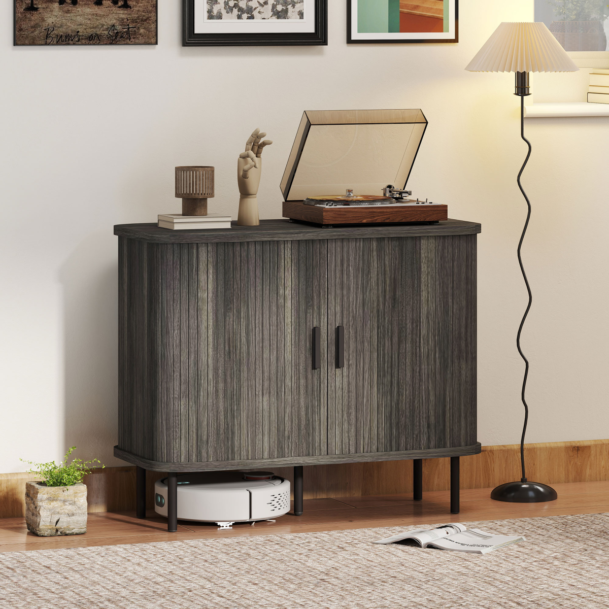 HOMCOM Sideboard Storage Cabinet with Slatted Tambour Sliding Doors Grey